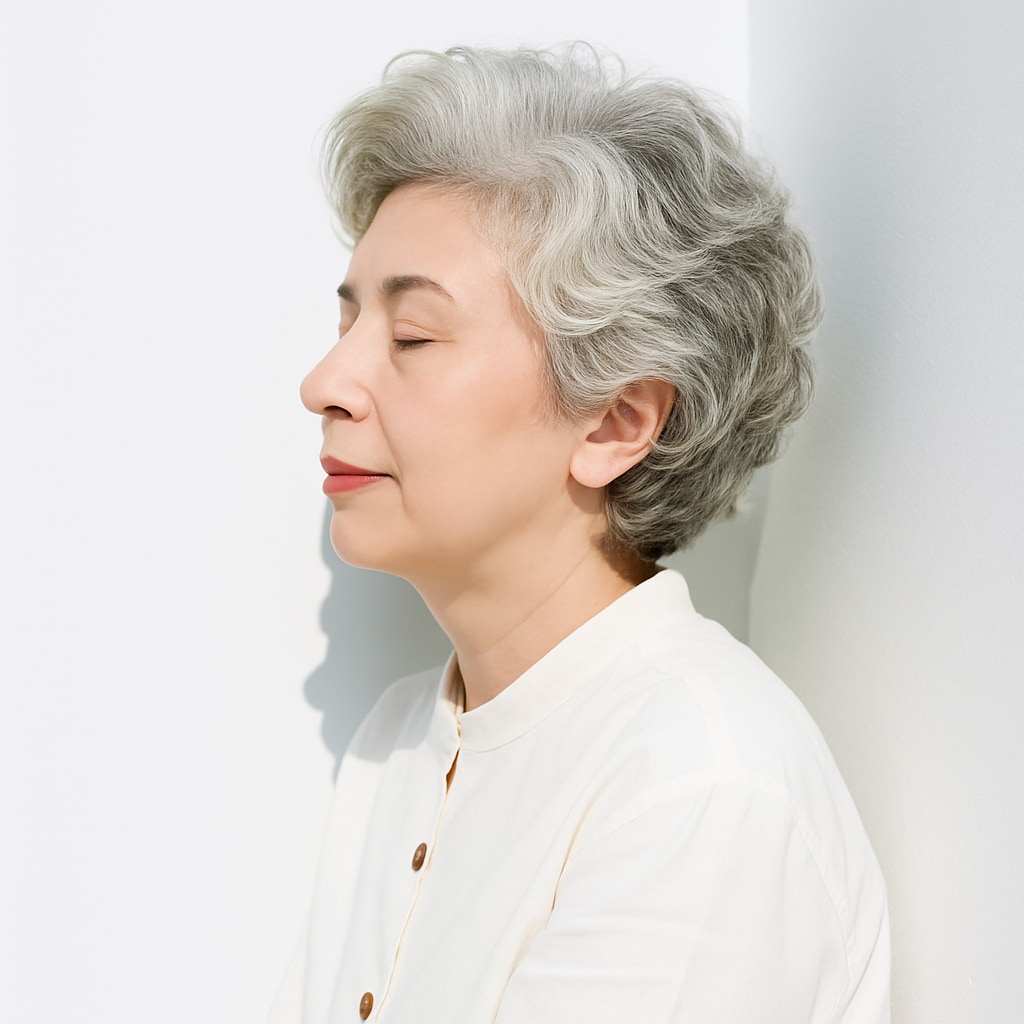 ④レイヤーミディアム×柔らかウェーブ：動きで白髪をぼかして華やかに