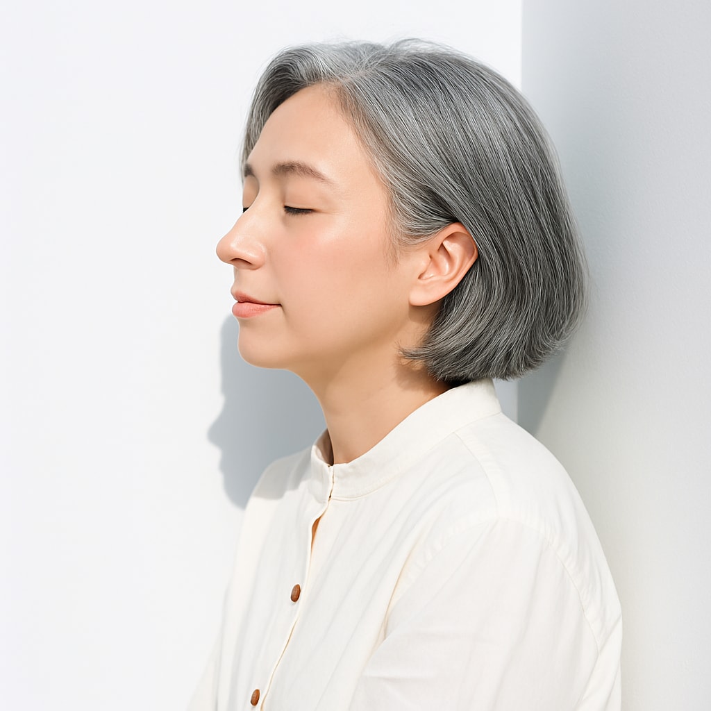 ③グレイミディアム×ナチュラルストレート：白髪を均一に整えて上品に見せる