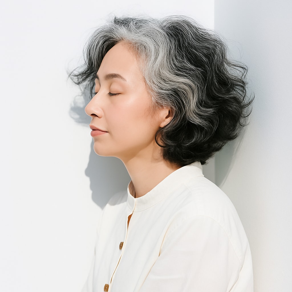 ⑤グレイヘア×ウェーブミディ：白髪を柔らかく魅せる大人の余裕スタイル