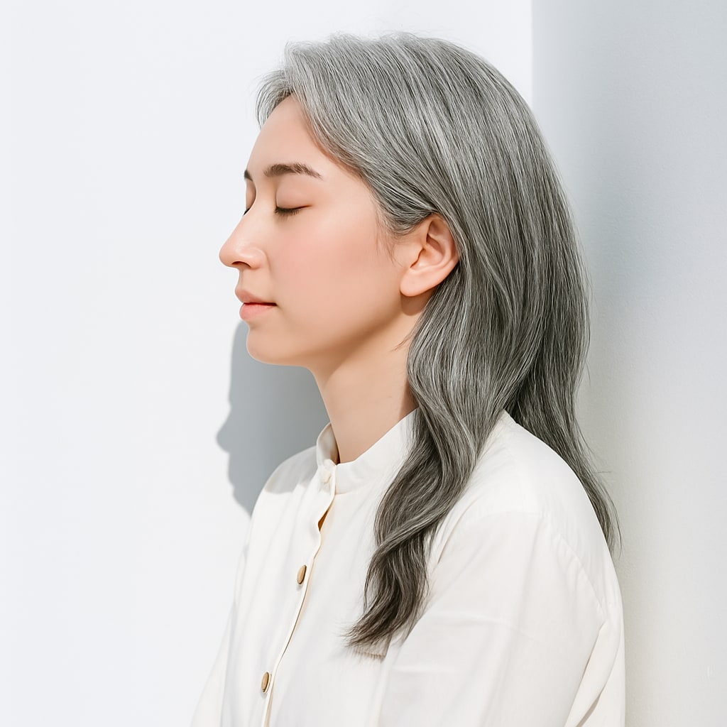 ①グレイヘア×ゆるウェーブロング：長さと動きで白髪を上品に成立させる