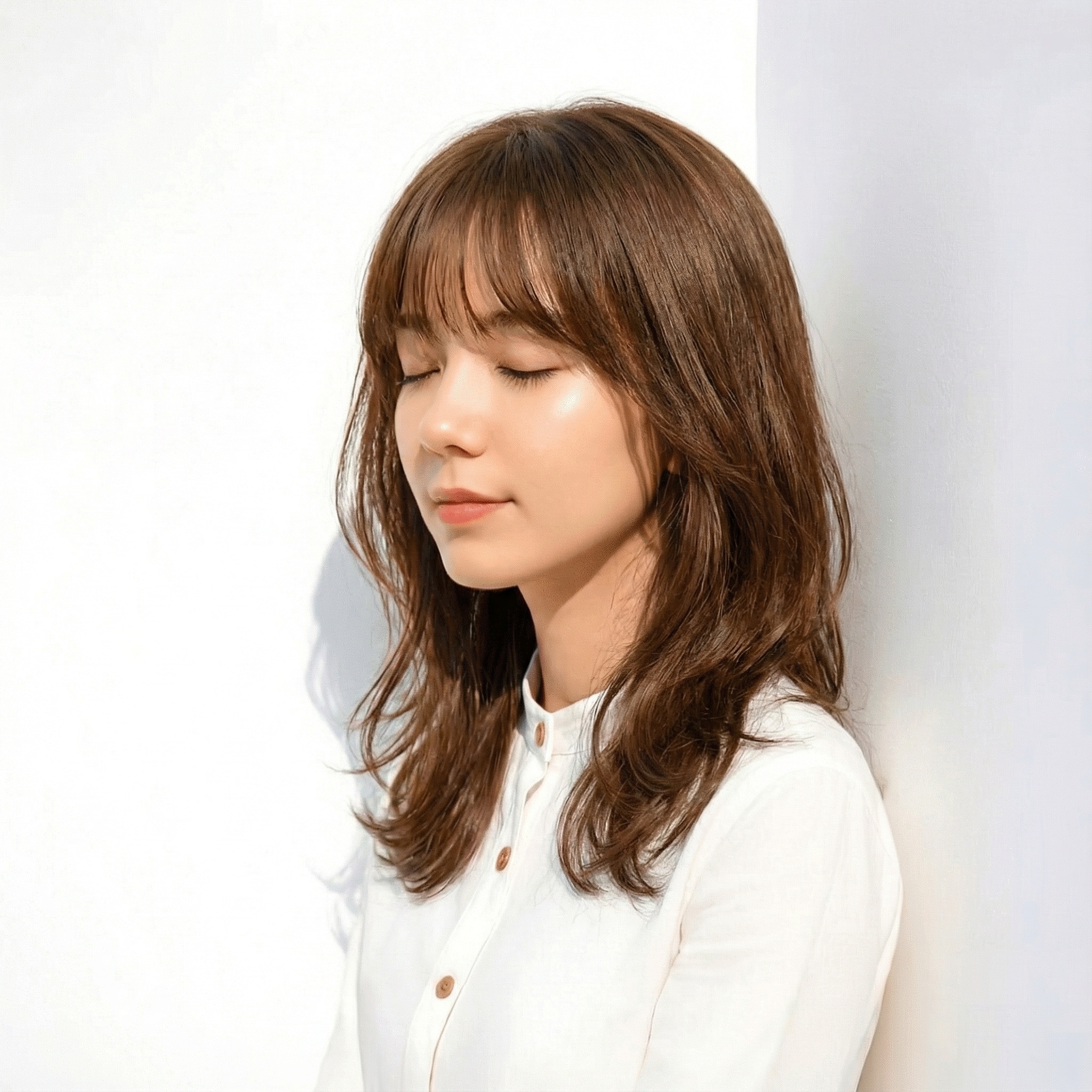 6. レイヤーミディアム×斜めバング：軽さと落ち着きを両立