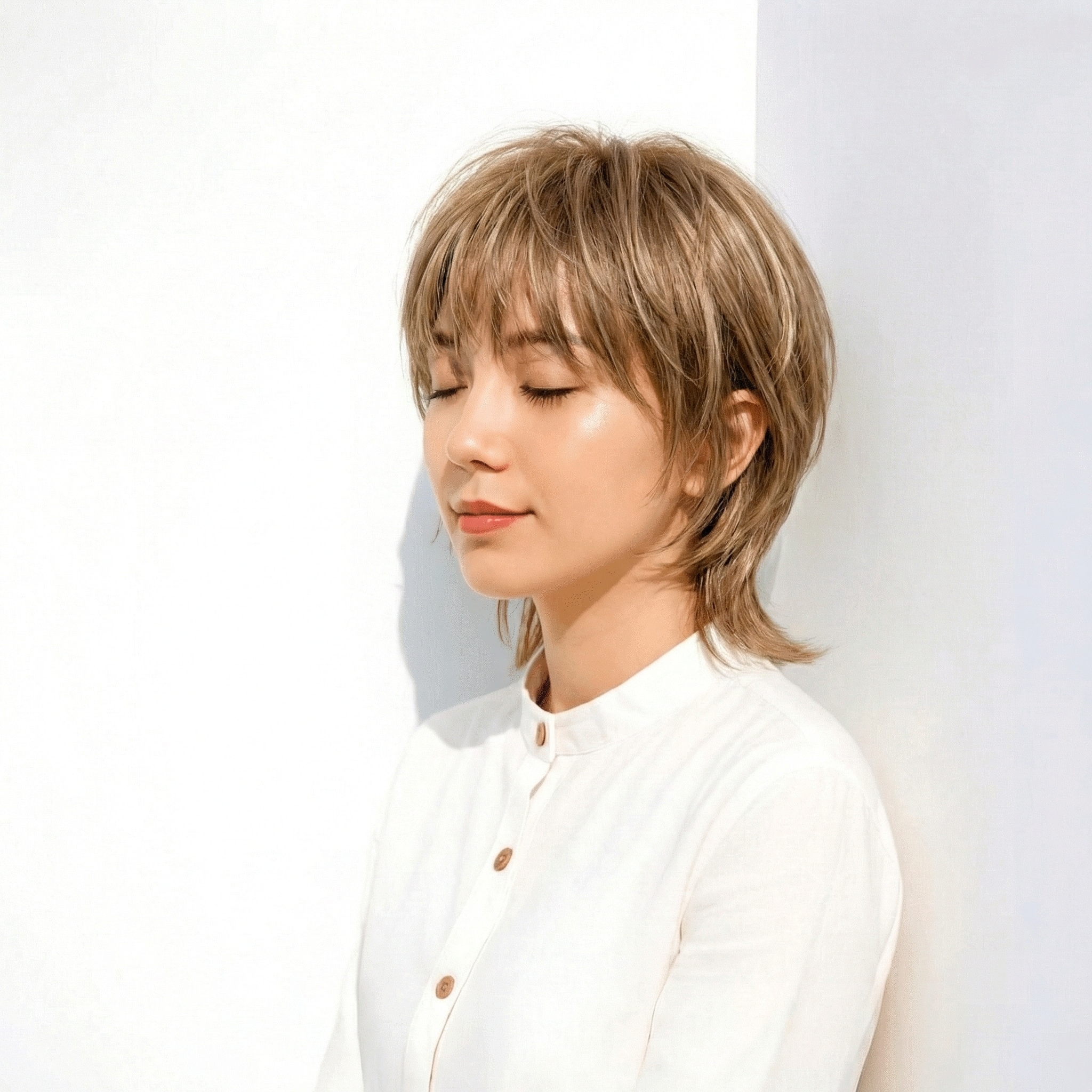 ②くすみベージュショート：動きでぼかす立体感カラー