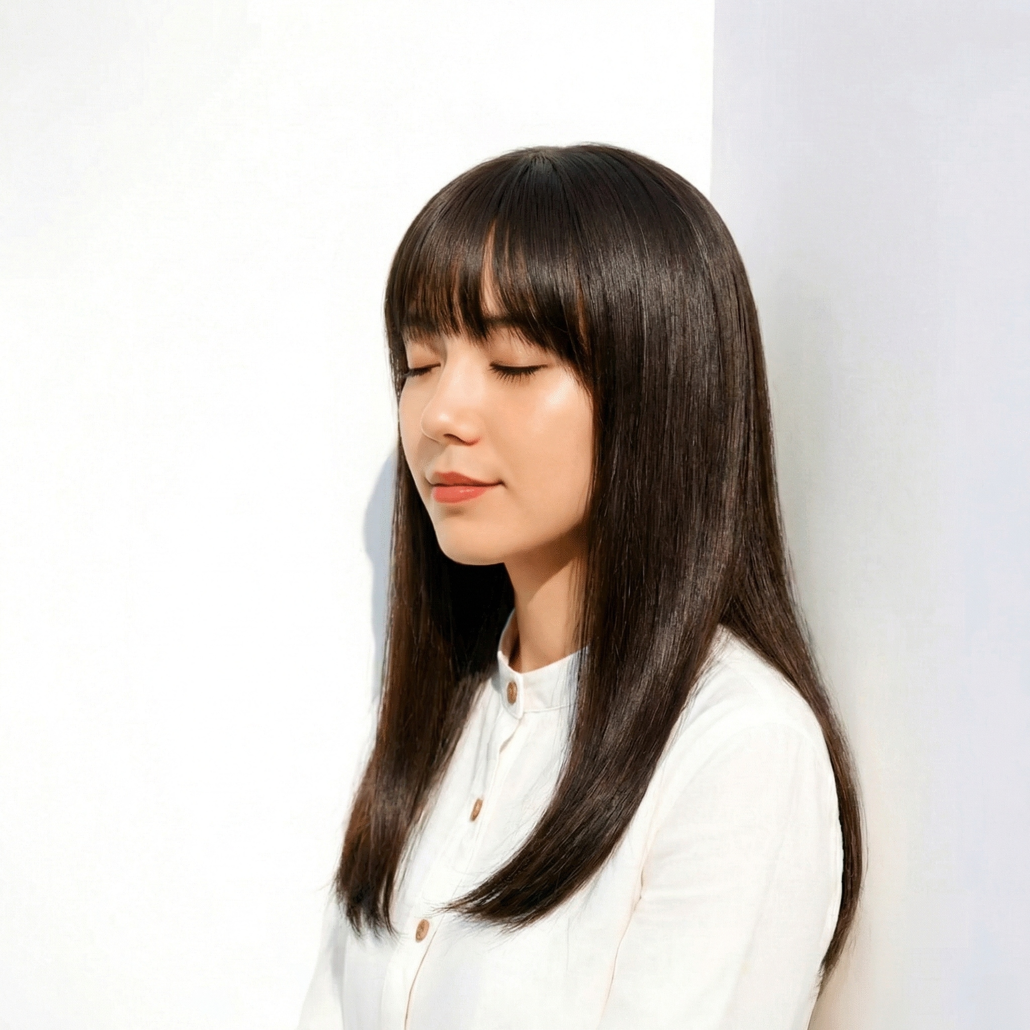 ①ダークアッシュブラウン：ツヤで魅せる上品ストレート