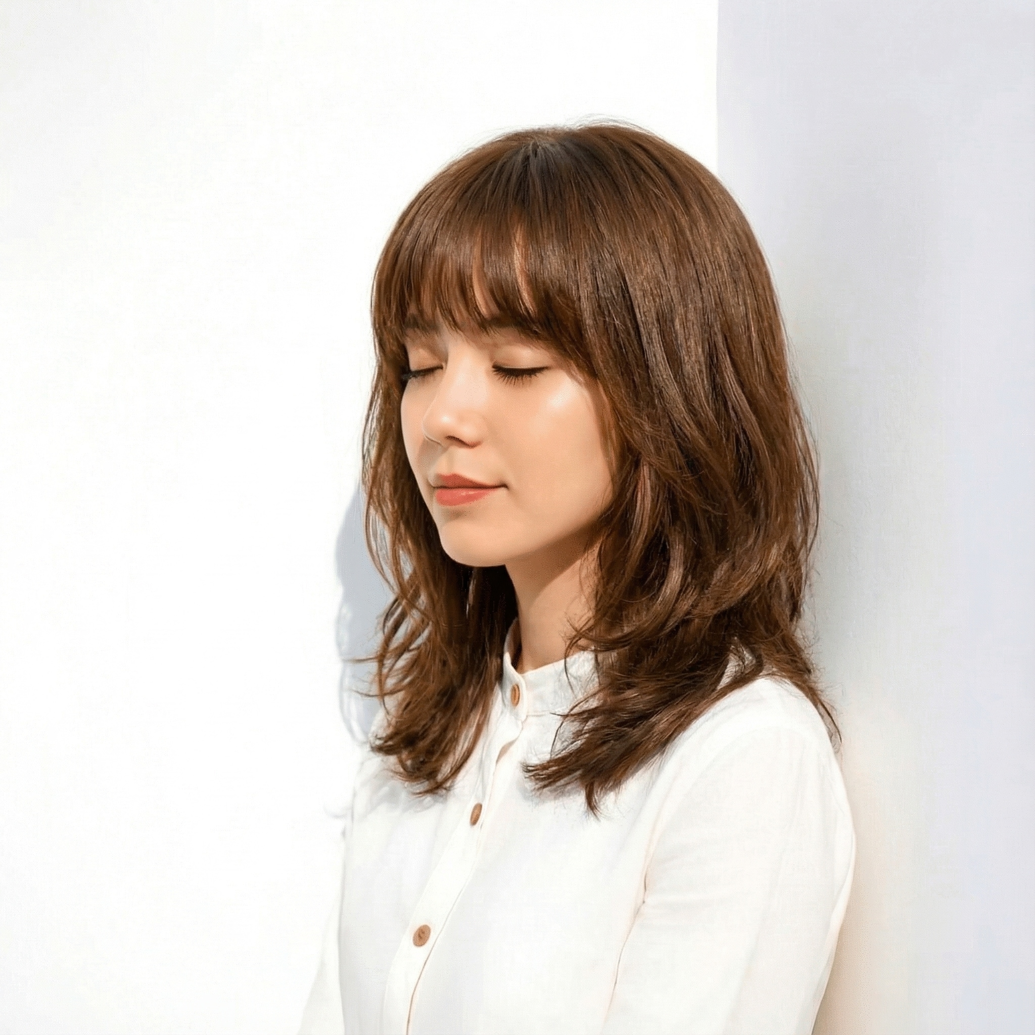 1. ミディアム×重めバング：丸みシルエットで柔らかさを出す