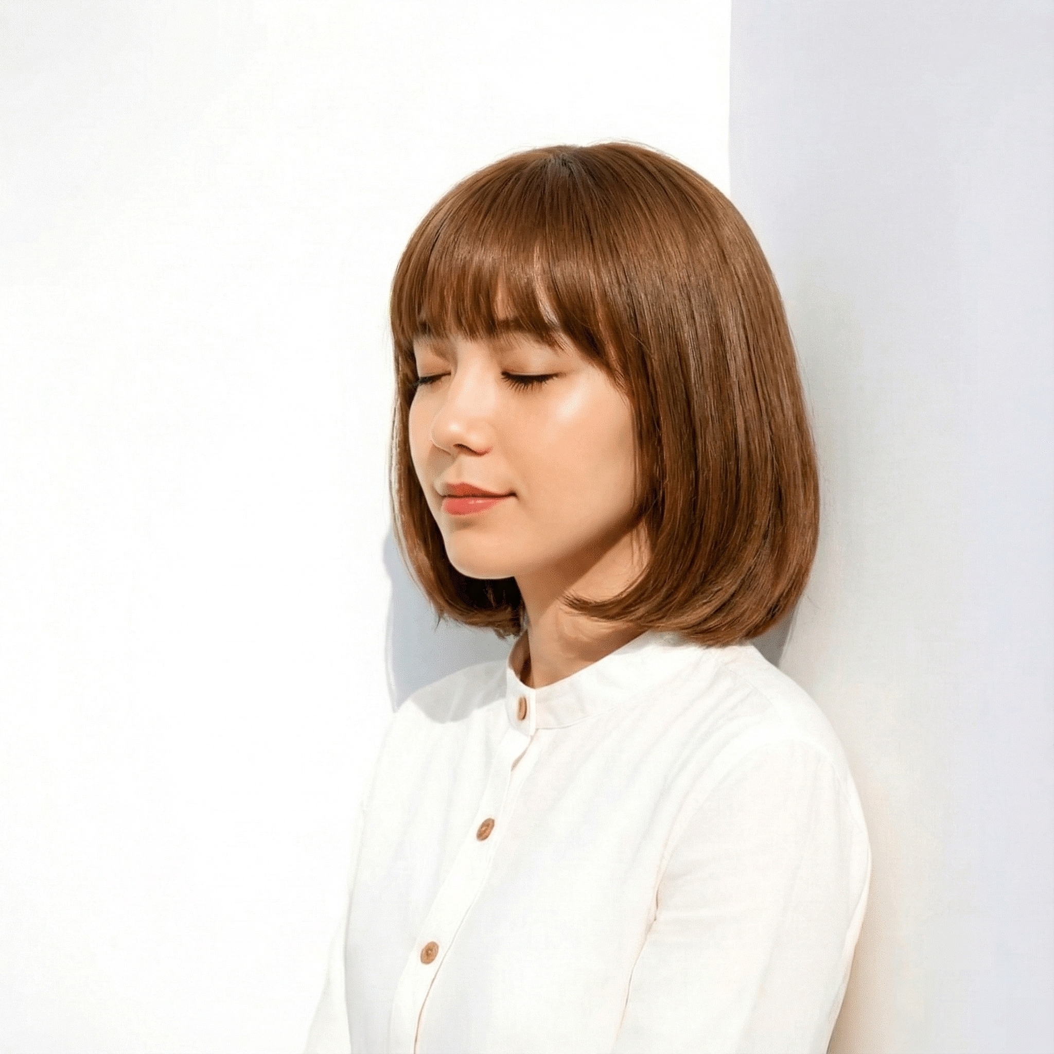 7. ミディアム×重めバング：動きを抑えて大人っぽくまとめる