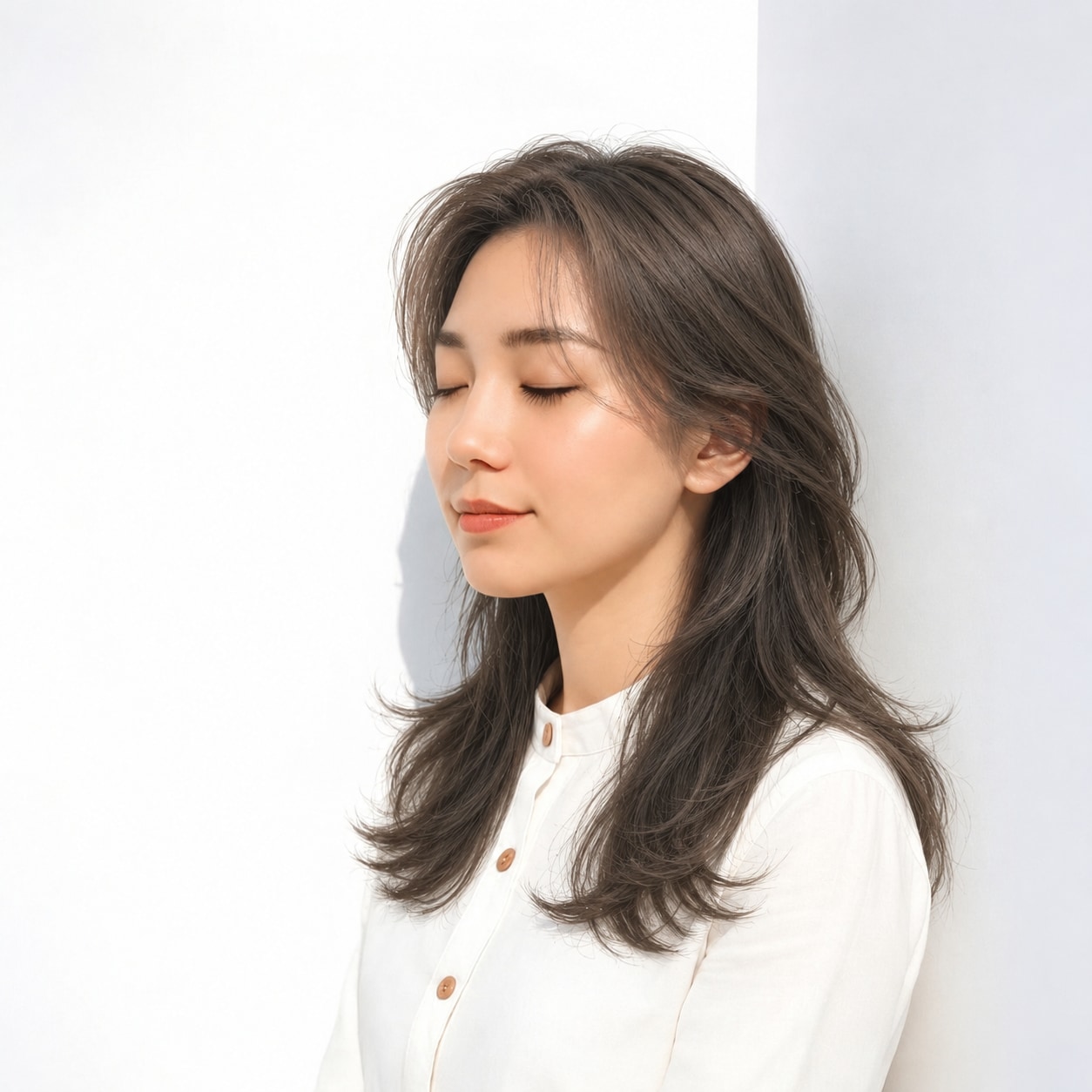 1. かき上げロング × アッシュブラウン：長い毛流れで優雅に