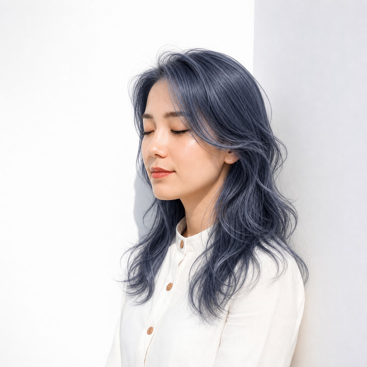 1. くすみブルー×ウェーブロング: 深いネイビーブルーで赤みを抑えた印象になる