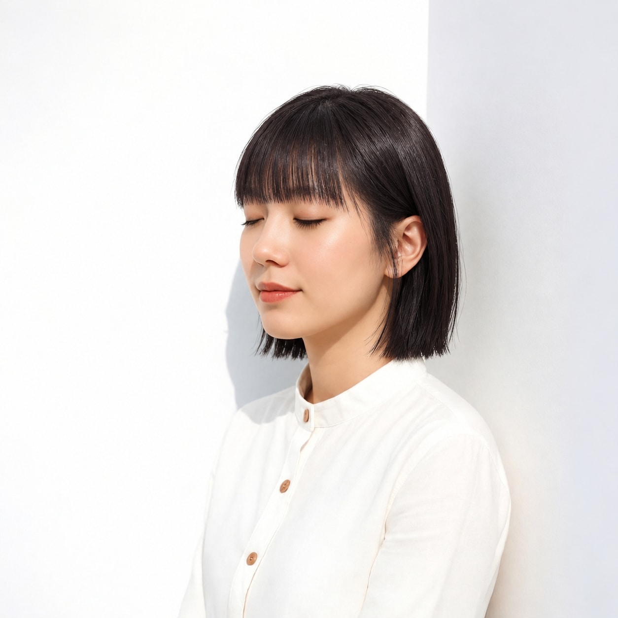 1. ぱっつん前髪 × 黒髪ボブ：直線をそろえて凛とした印象に