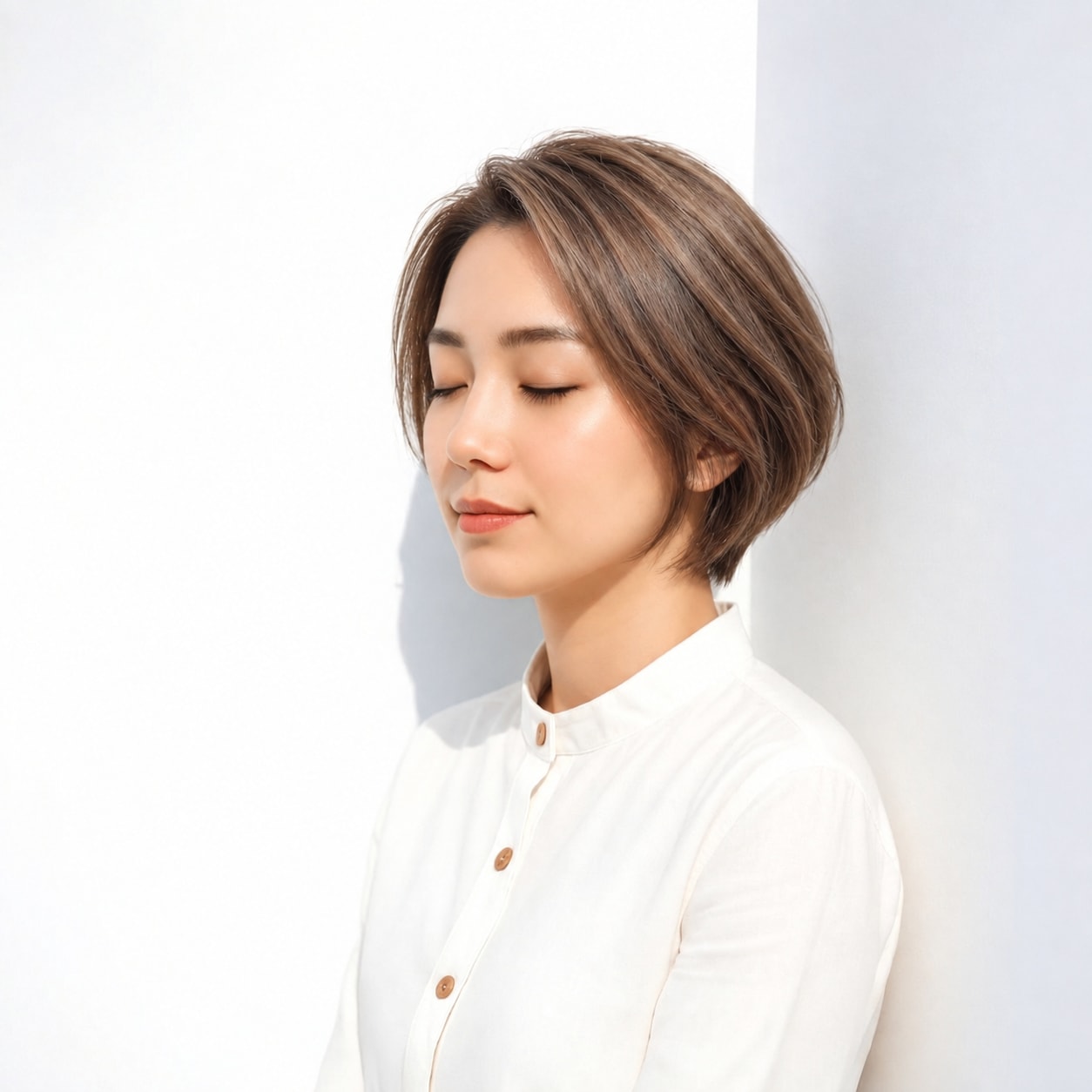 1. ひし形ショートボブ × 前髪なし × 丸みシルエット：フェイスラインの近くで収まり、コンパクトな輪郭を作れます