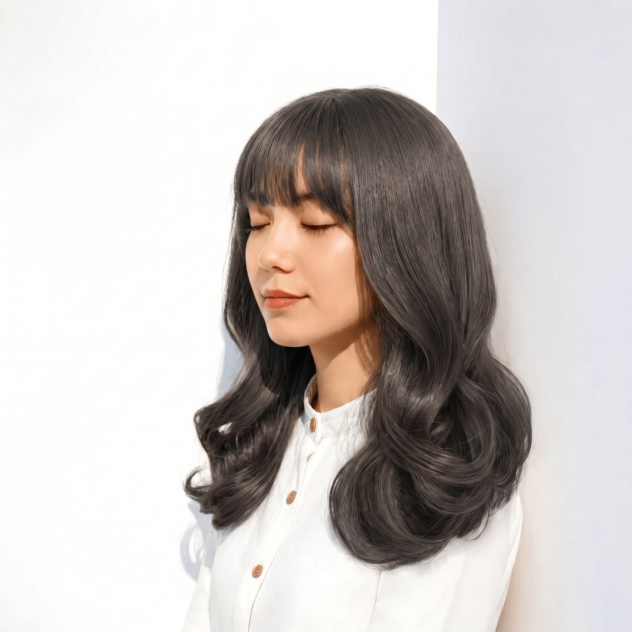 1. アイスグレージュ×ミディアムヘア: 青みグレーで赤みを抑えたツヤ感スタイル