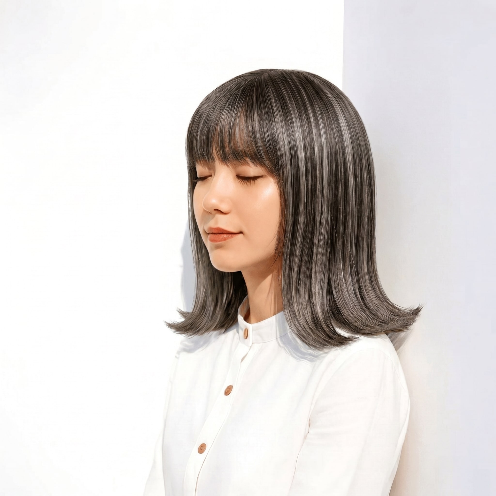 1. アッシュグレー×ロブスタイル: 青みがかった色みで赤みを抑え、ストレートの美しさを引き立てる