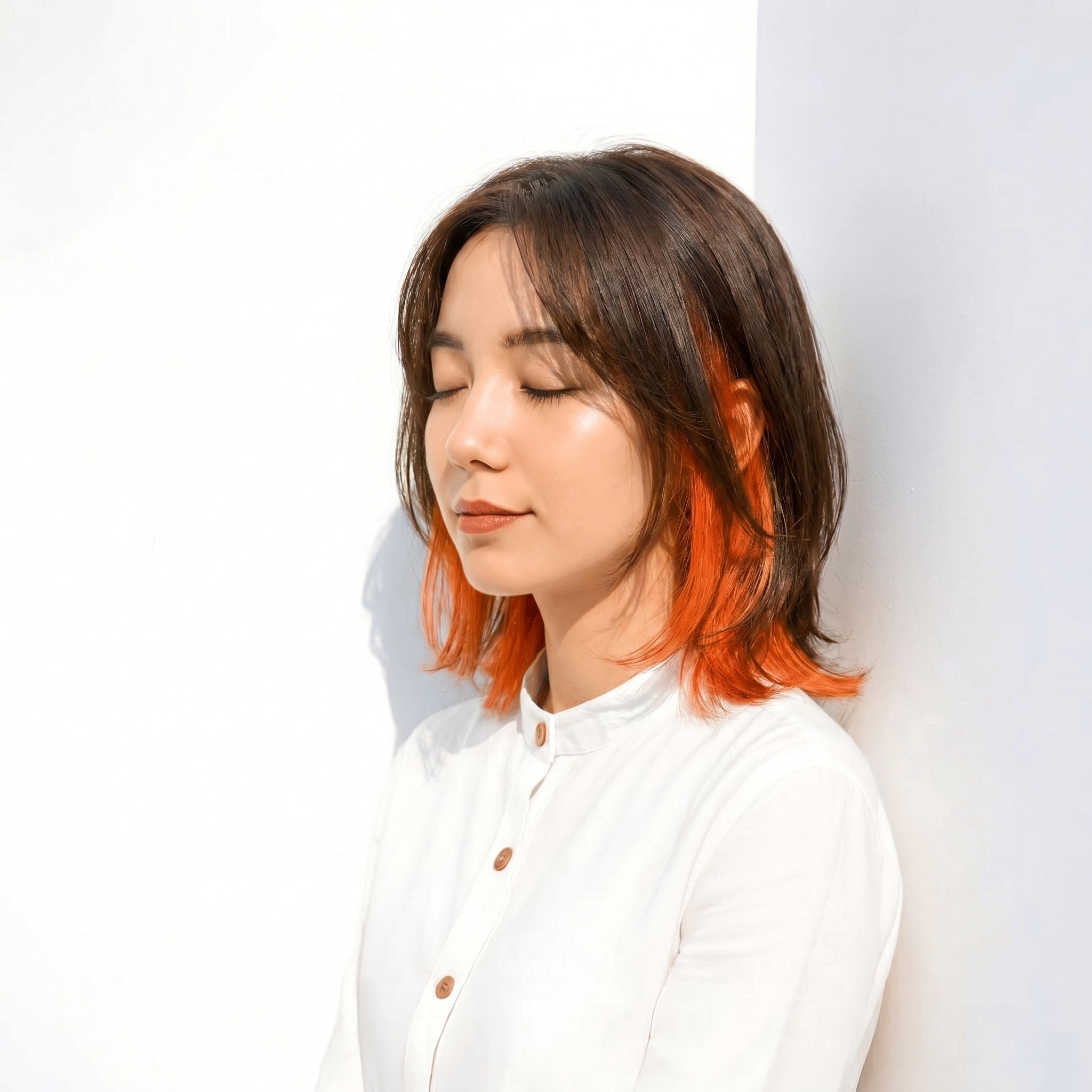1. インナーカラー×ビビッドオレンジ×内巻きロブ: 顔まわりを明るく見せて、動くたび立体感をプラス