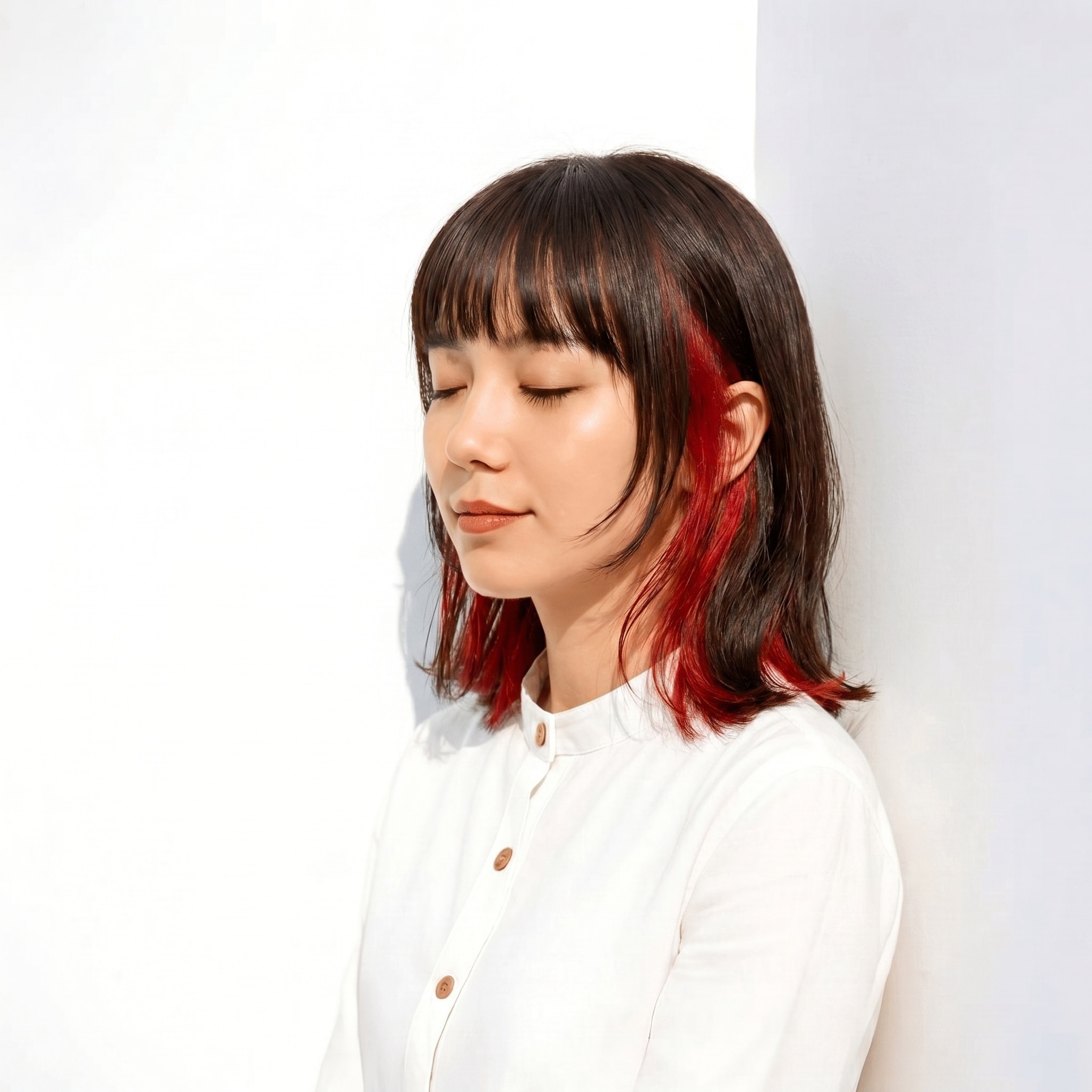 1. インナーカラー×赤×外ハネボブ: 耳元からのぞく赤で、暗髪に華やかなアクセントをプラス