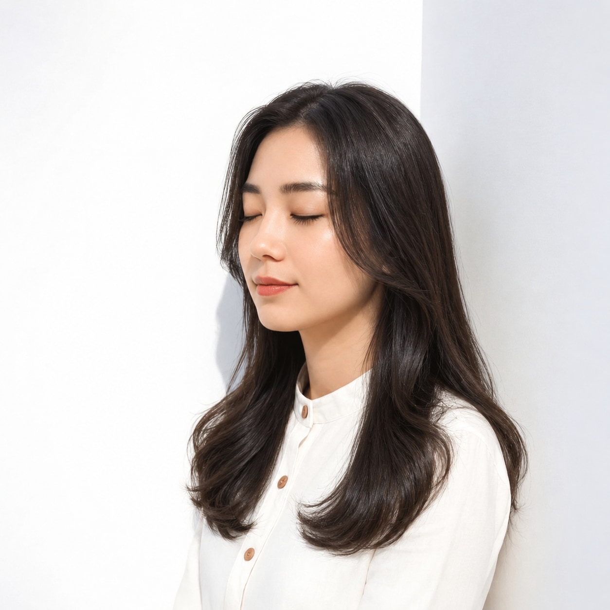 1. 黒髪ウェーブロング × センター分け：大人っぽく華やかに