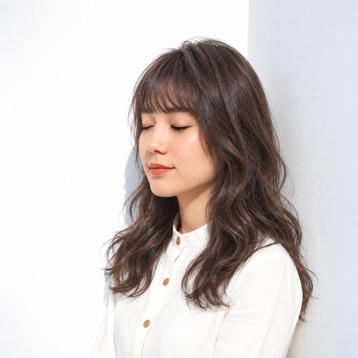 1. ウェーブロング × 厚め前髪：曲線を重ねて柔らかな印象に