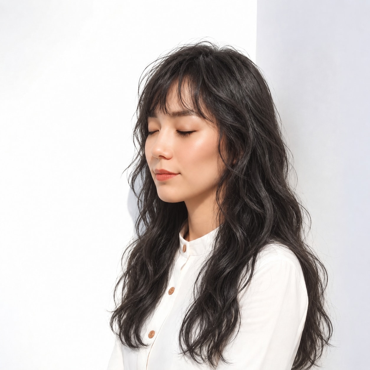 黒髪ウェーブロング × 細い前髪：落ち着いた華やかさ