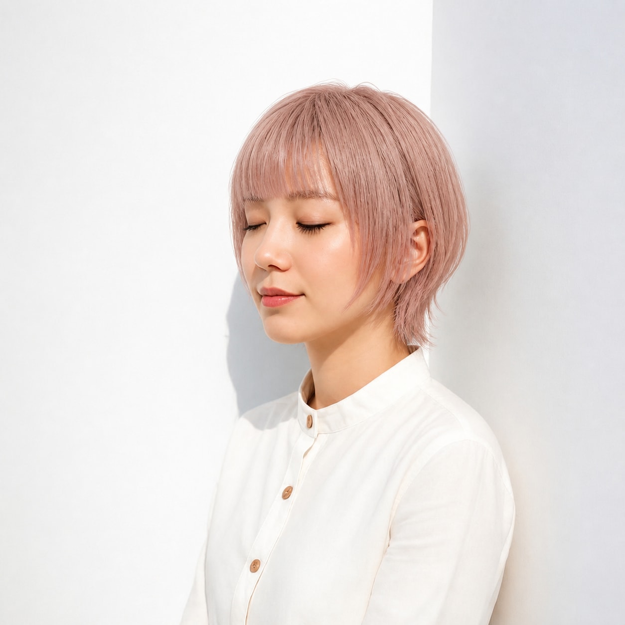 1. ウルフボブ × 前髪あり × ピンクベージュ：丸いフォルムをやわらかく