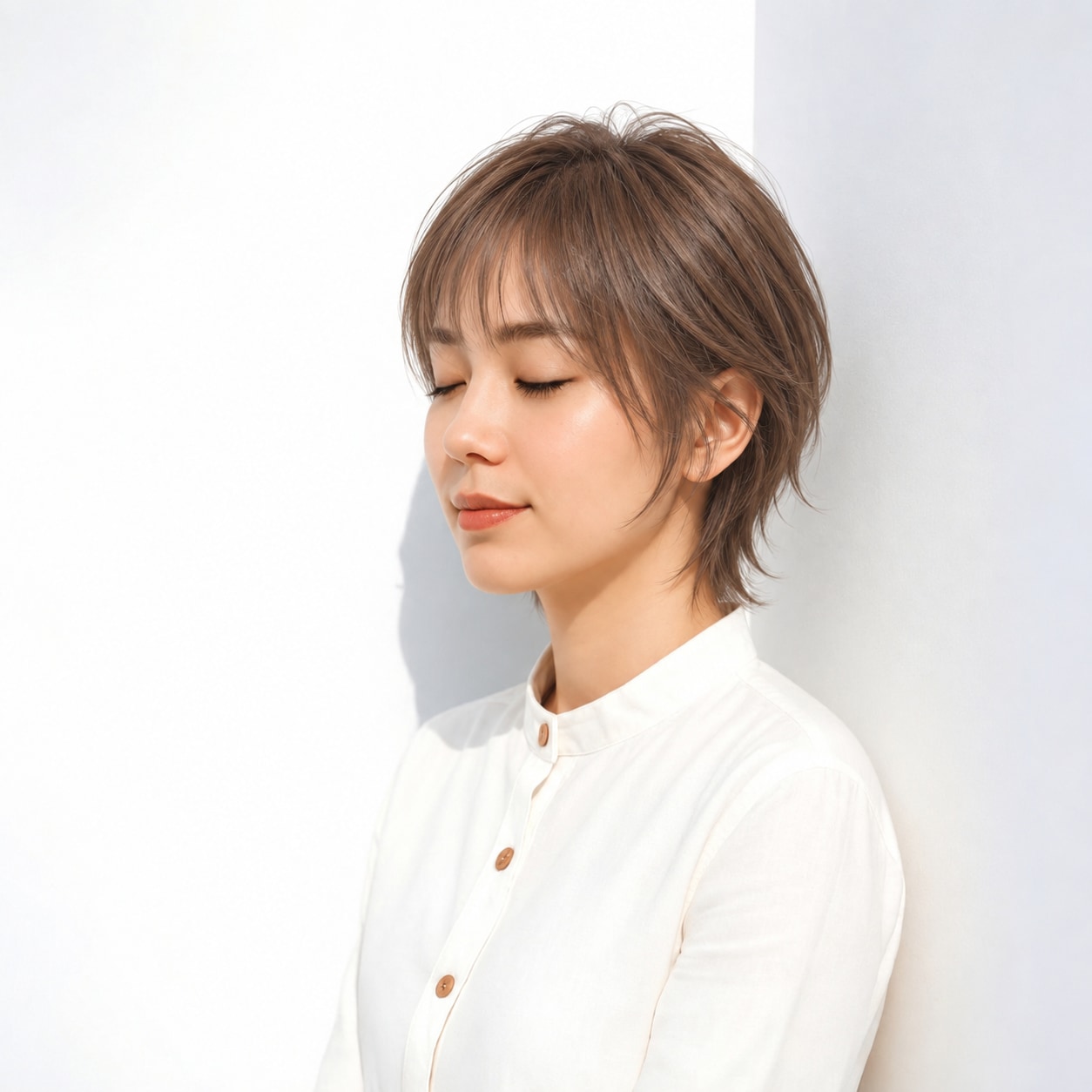 1. ウルフレイヤー × ショート × 外ハネ：首元に縦の抜けができ、ウルフらしい輪郭がはっきりします