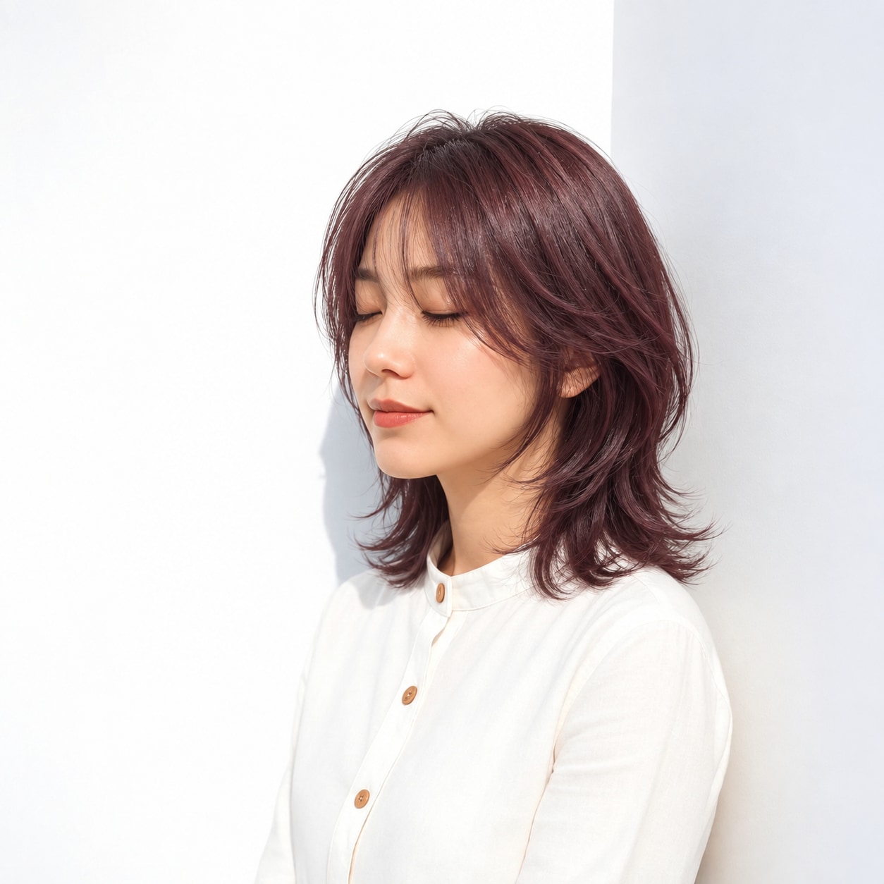 1. ウルフレイヤー × ミディアム × えり足へ続く外ハネ：首元に縦の抜けができ、ウルフらしい輪郭がはっきりします