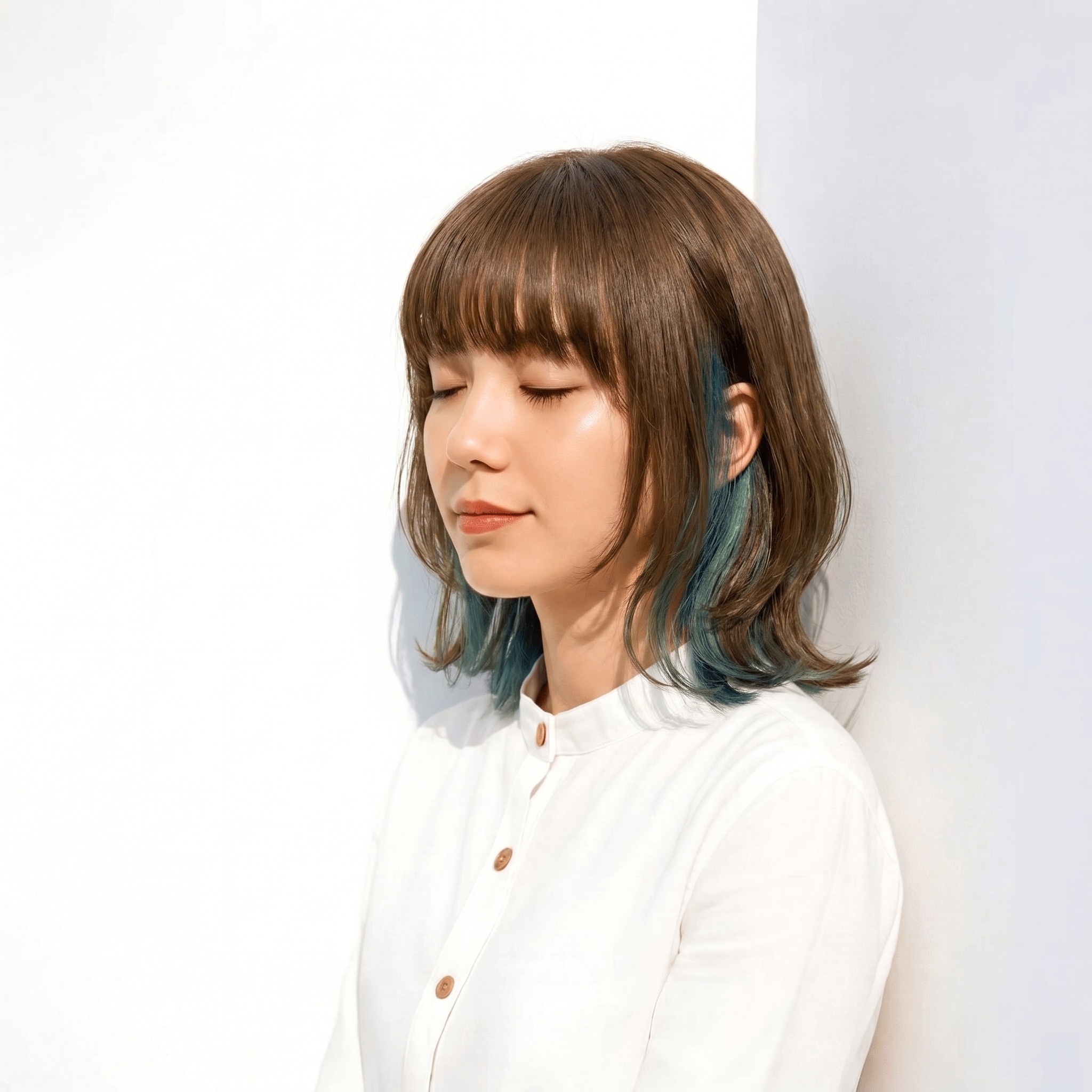 1. ターコイズブルー×インナーカラー：動くたびに立体感を演出するミディアムボブ