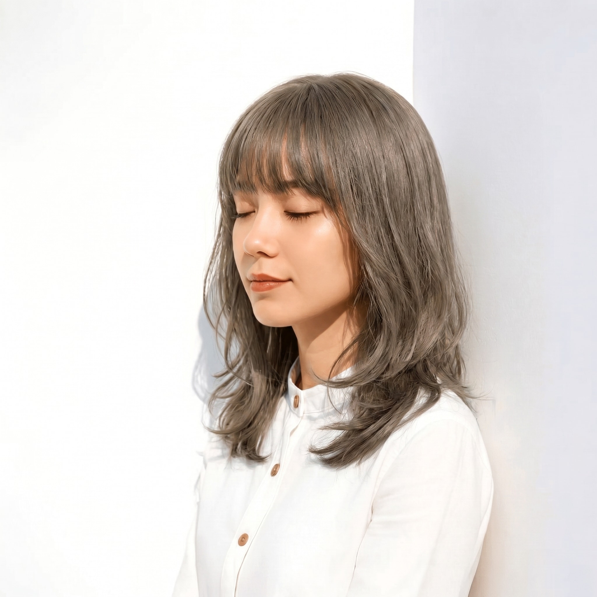 1. オリーブアッシュ×ミディアムヘア：前髪ありの丸みが柔らかさを引き立てる