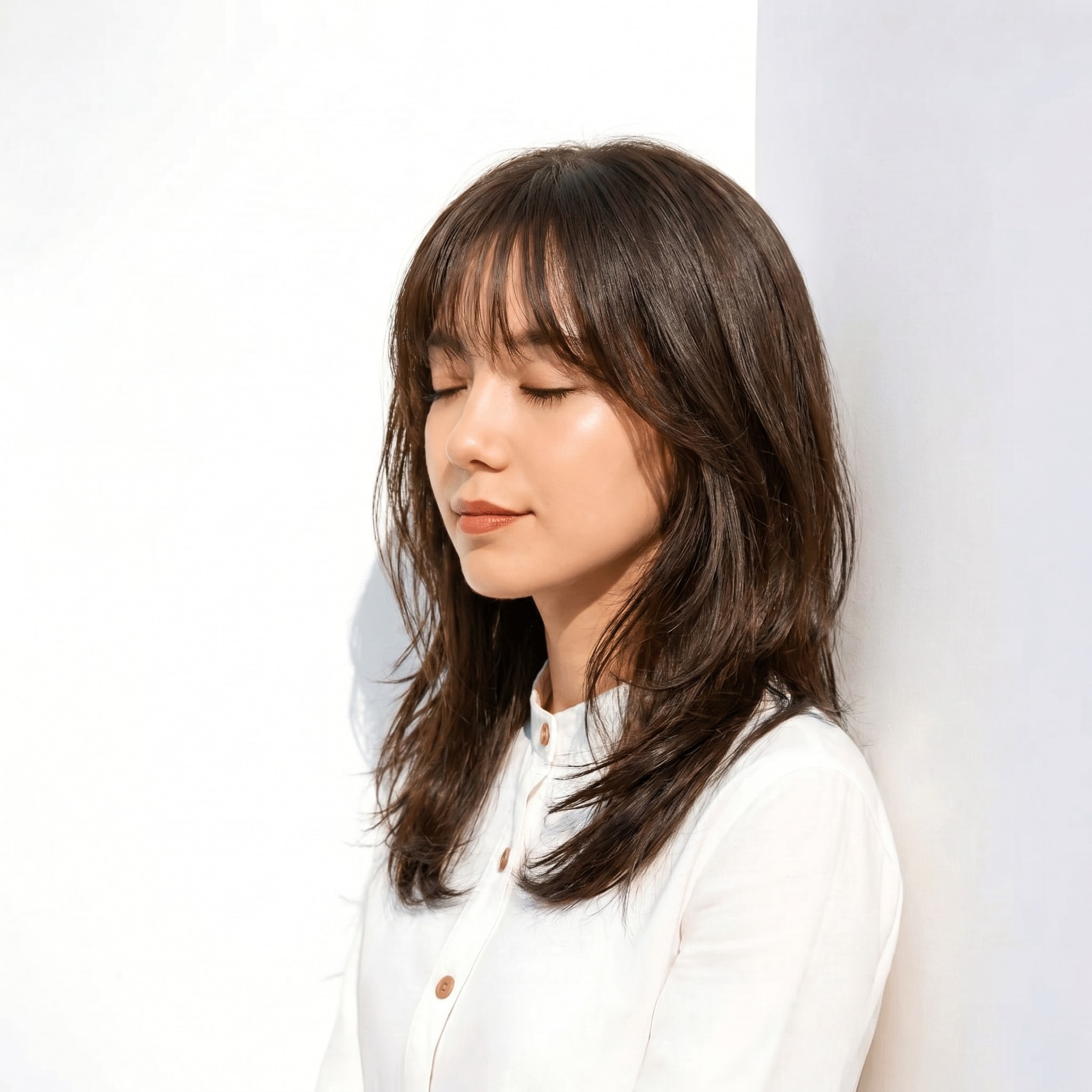 1. オリーブブラウン×ミディアムレイヤー: 自然な陰影で垢抜けた印象に