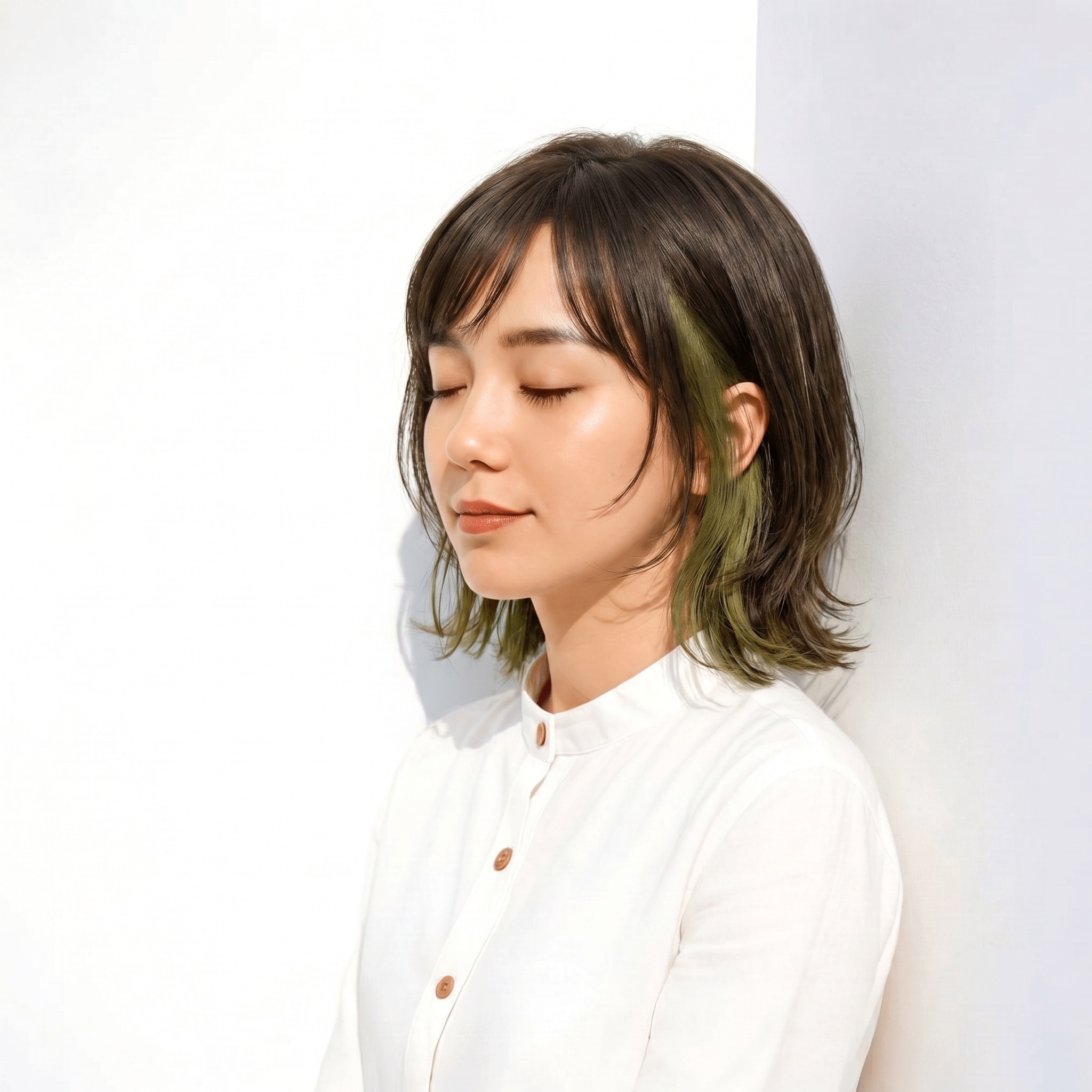 1. カーキグレージュ×インナーカラー: 深みとニュアンスが際立つレイヤーボブ