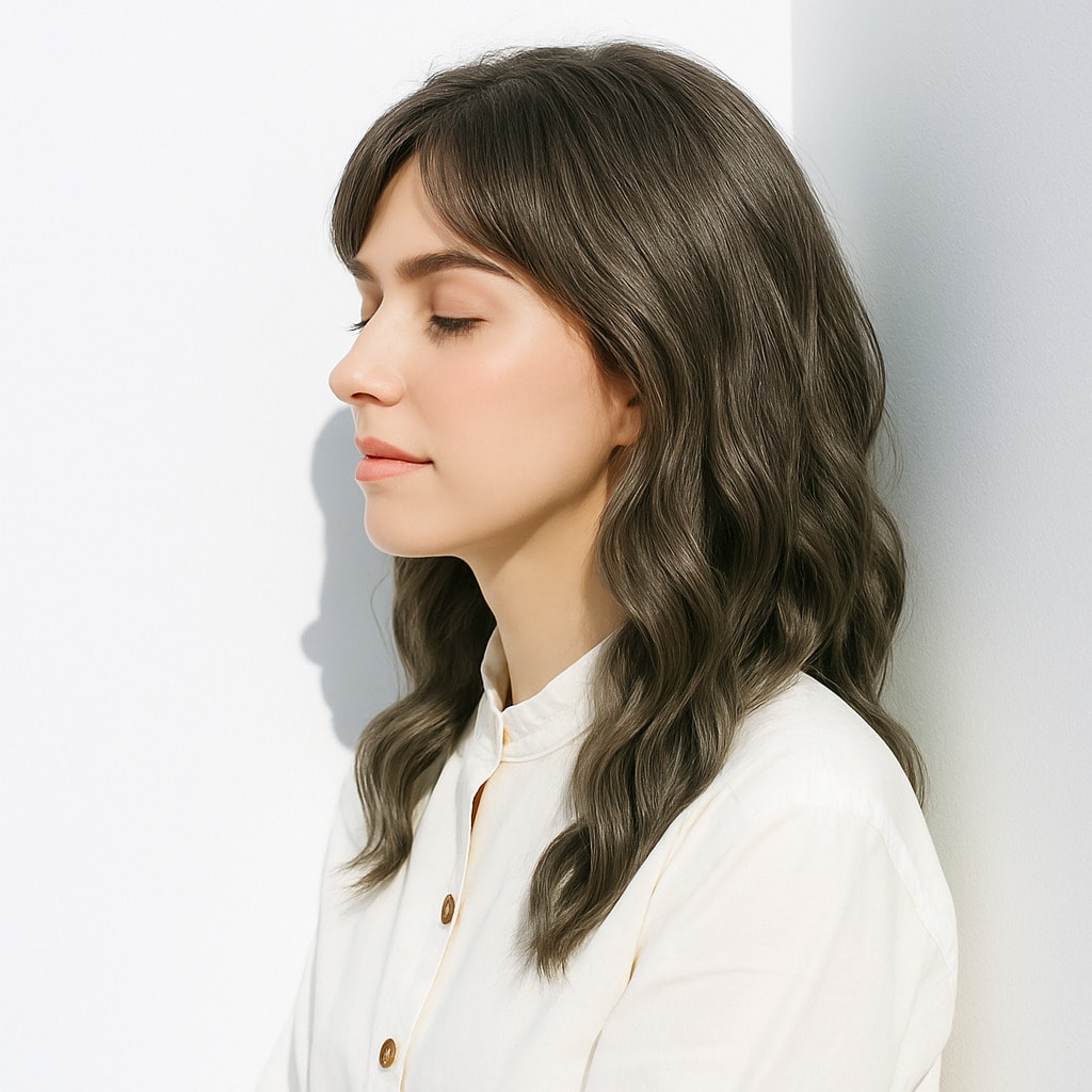 1. カーキベージュ×ロングウェーブ：やわらかな陰影で肌を美しく見せる