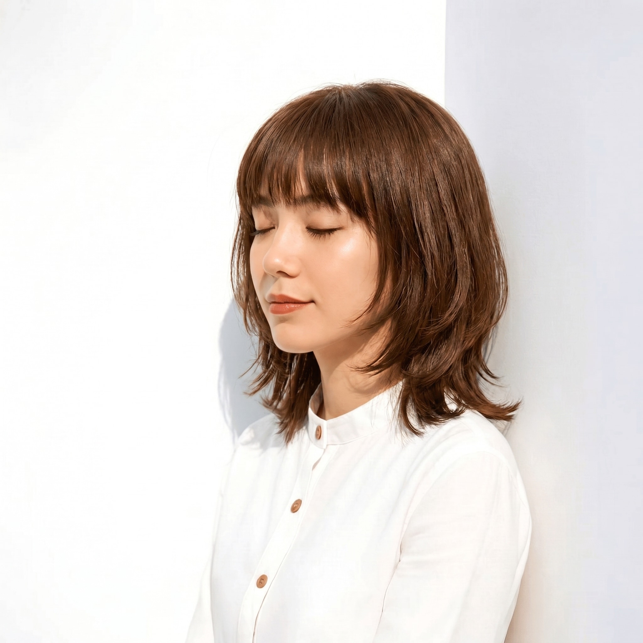 1. グレーブラウン×透明感: くびれミディアムで軽やかさとツヤを両立