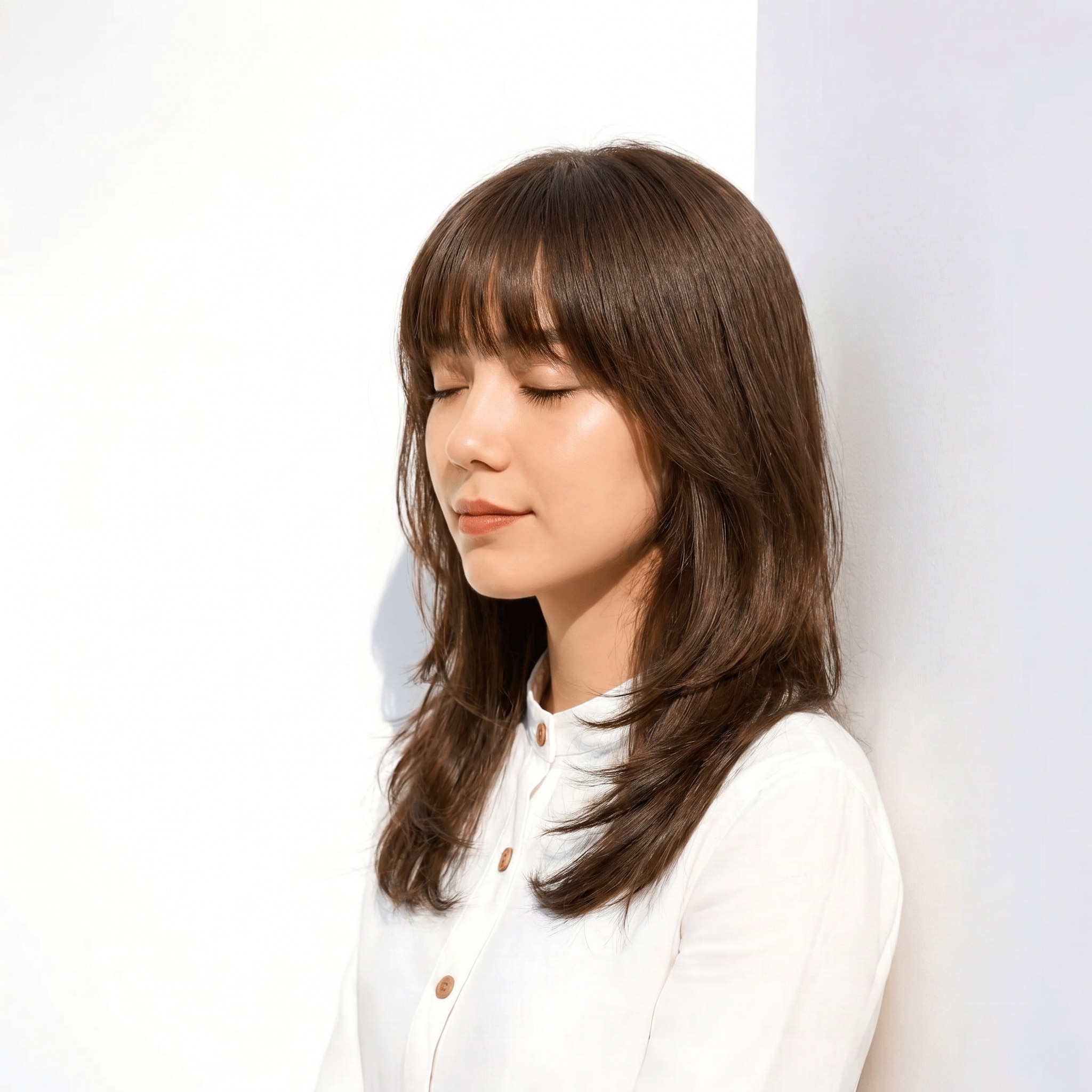1. グレーベージュ×透明感: 外ハネミディアムで軽やかな印象に