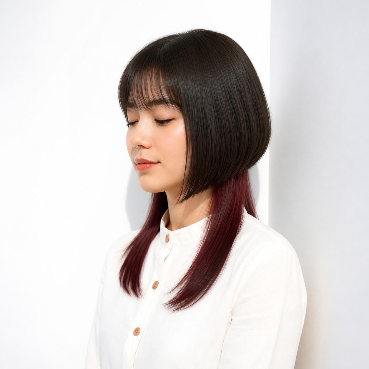 1. クラゲヘア × ワインレッド：黒髪ボブの下から深い赤を見せる
