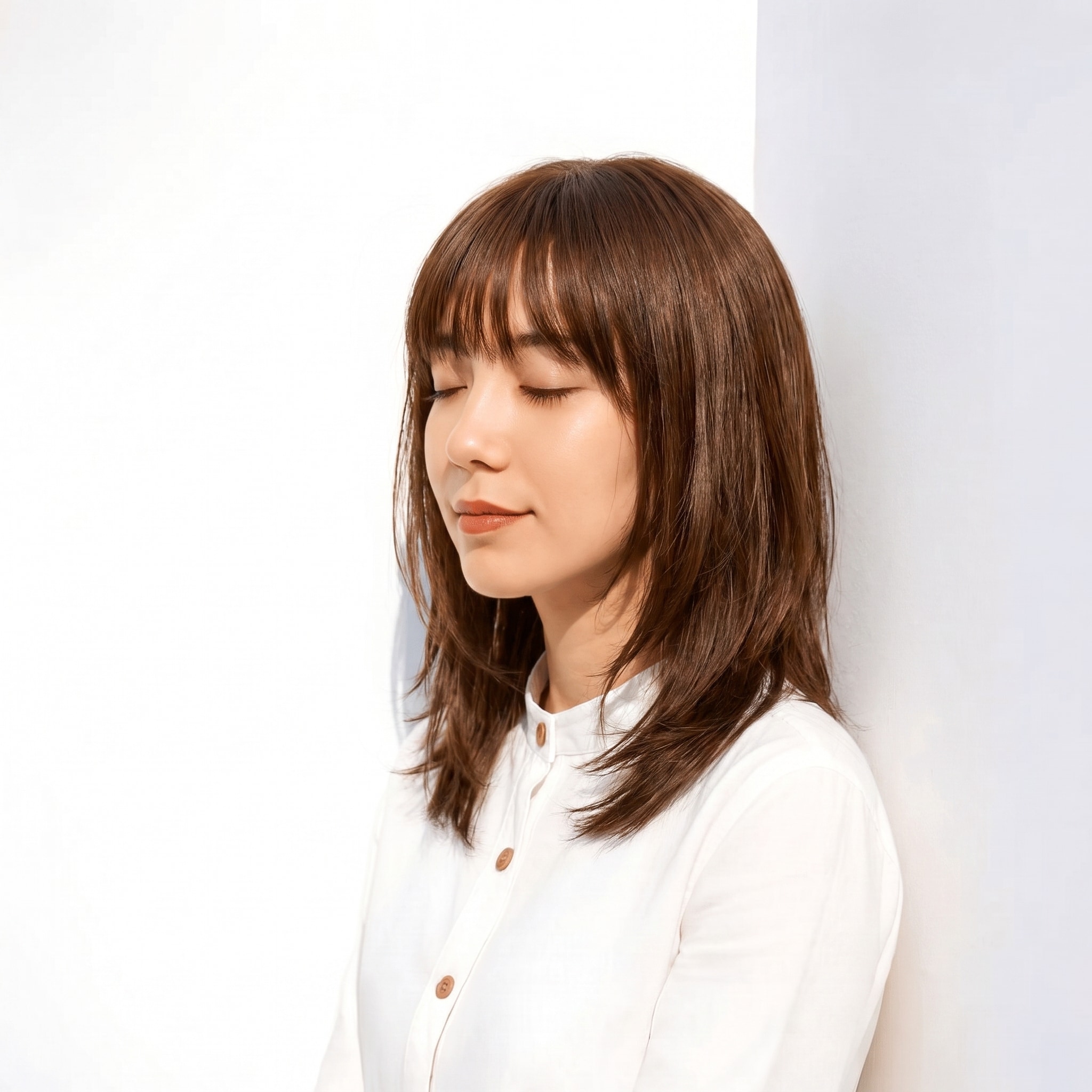 1. ココアブラウン×レイヤーミディアム: こげ茶に赤みを重ねた暗めブラウンでミディアムが柔らかくまとまる