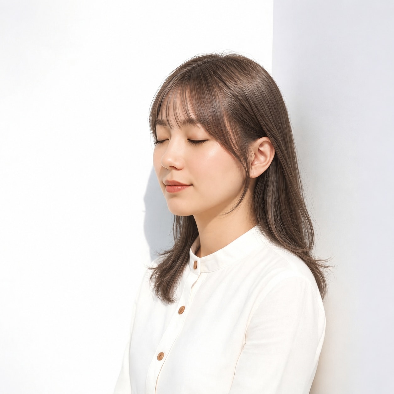 1. サイドバング × 耳かけロング：頬に沿う髪が輪郭をやさしく縁取る