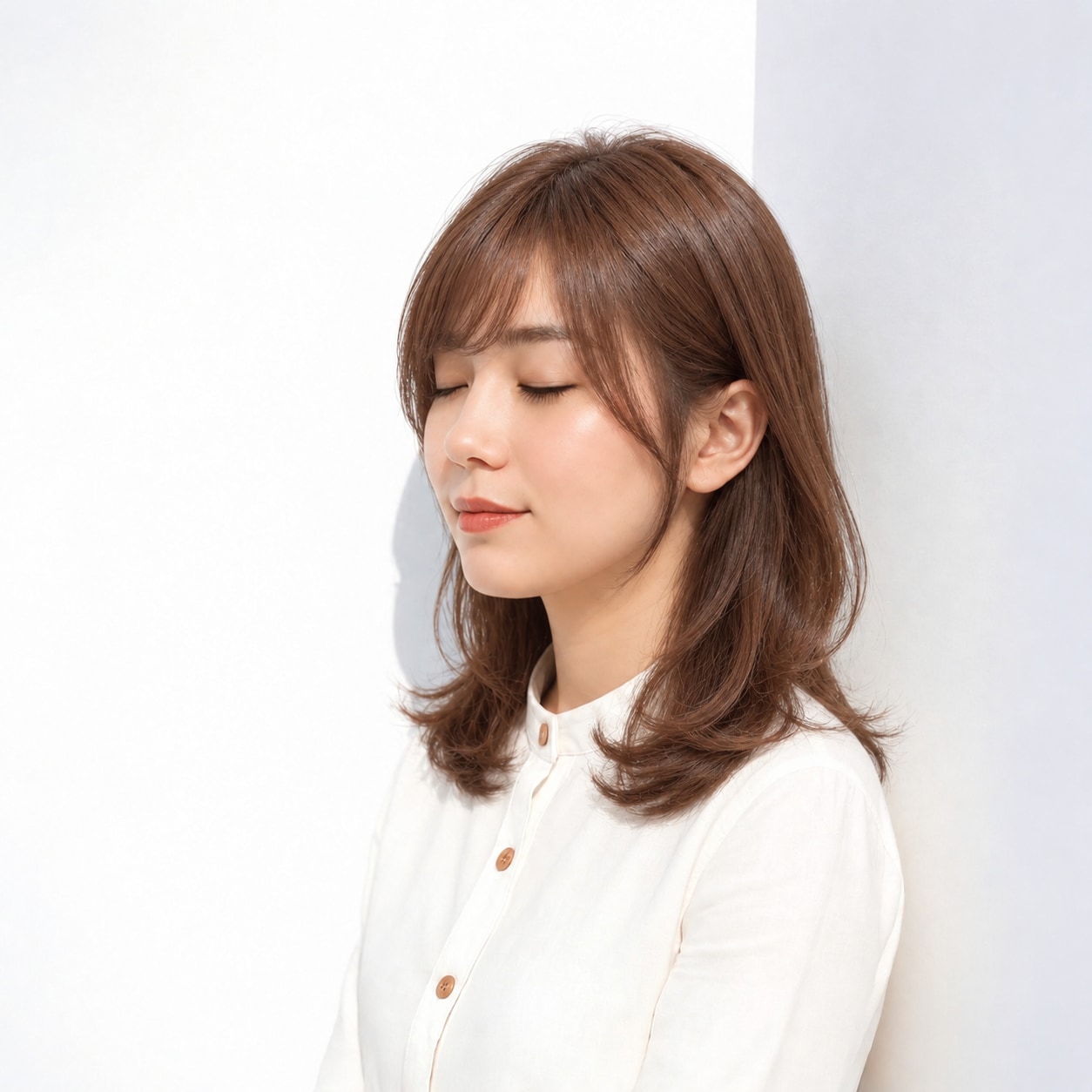 1. サイドバング × 内巻きミディアム：頬に沿う髪ですっきり見せる