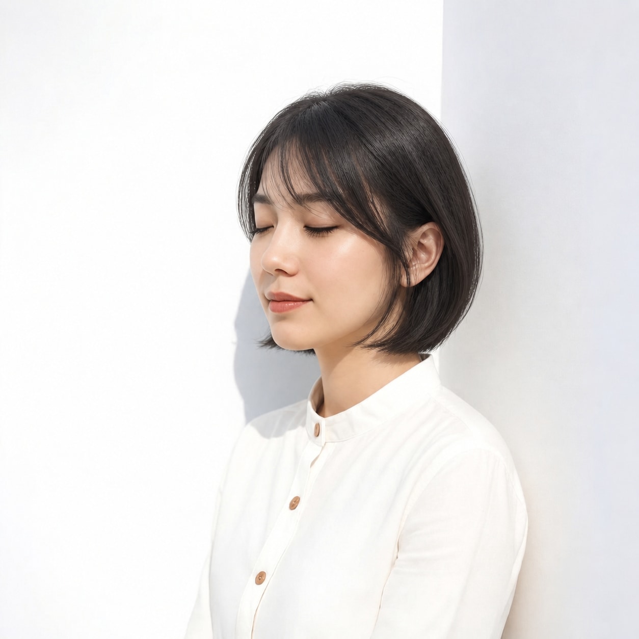 1. サイドバング：前髪と横髪の境目が途切れず、顔まわりを自然に包みます