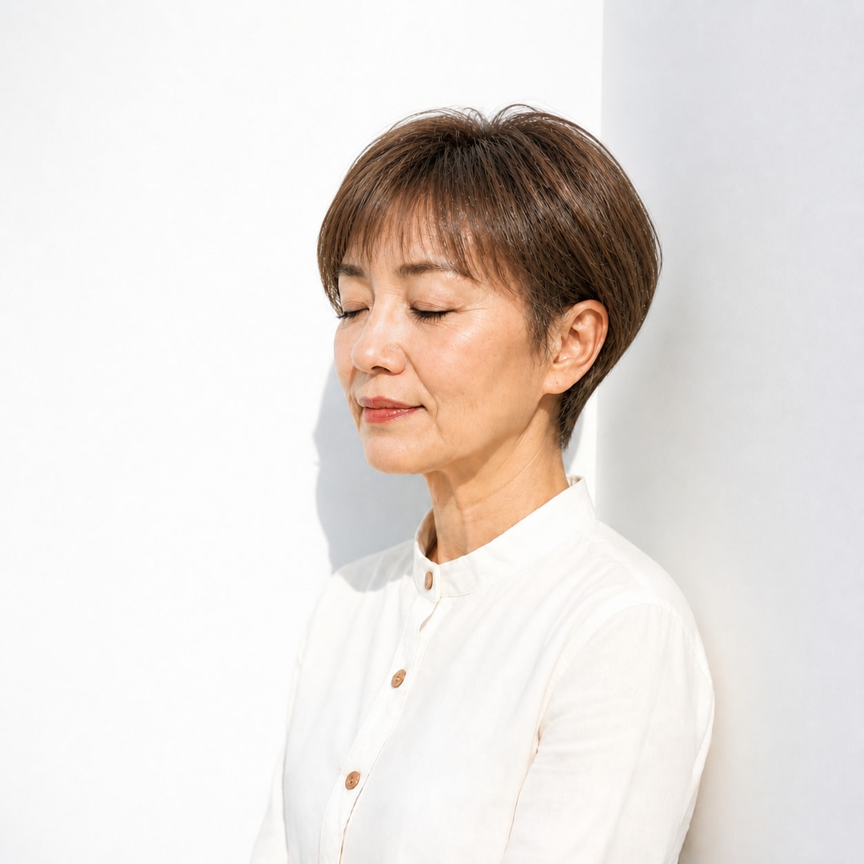 1. ショートカット × 丸みトップ：ふんわり若々しく