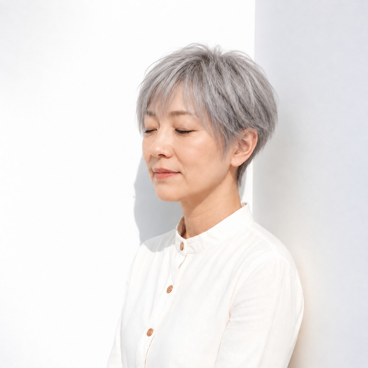 1. ショートレイヤー × シルバー：細い毛束でふんわり感を楽しめる
