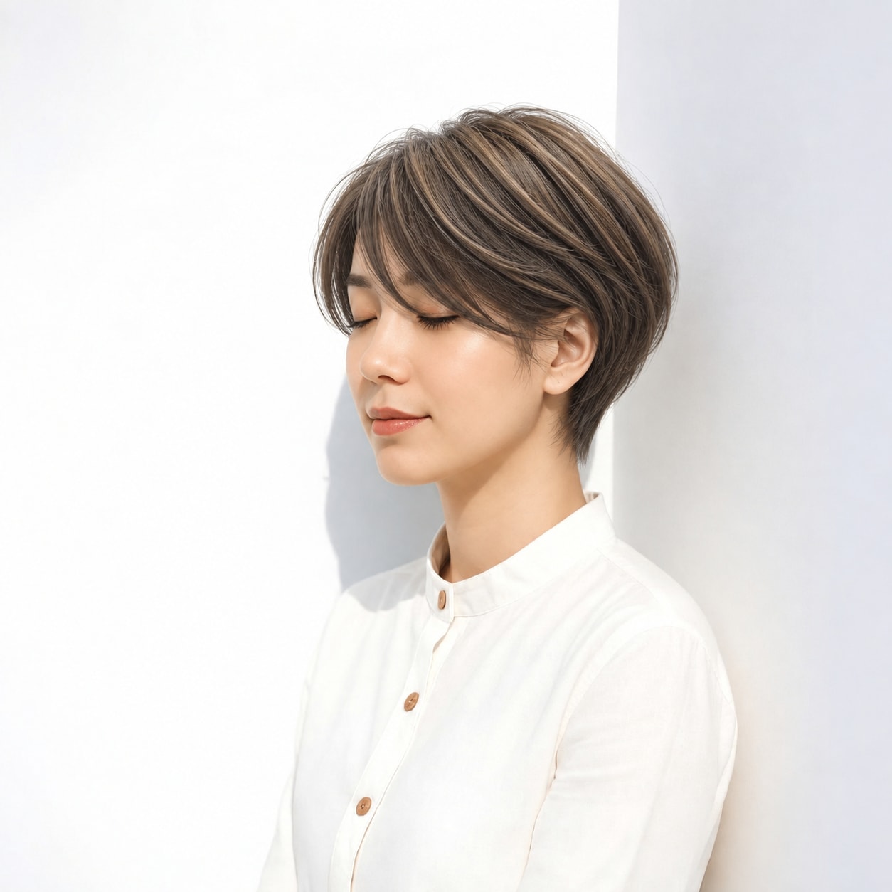 1. ショートレイヤー × 短め × 丸みショート：横から見た奥行きが出て、短いえり足との対比がきれいです