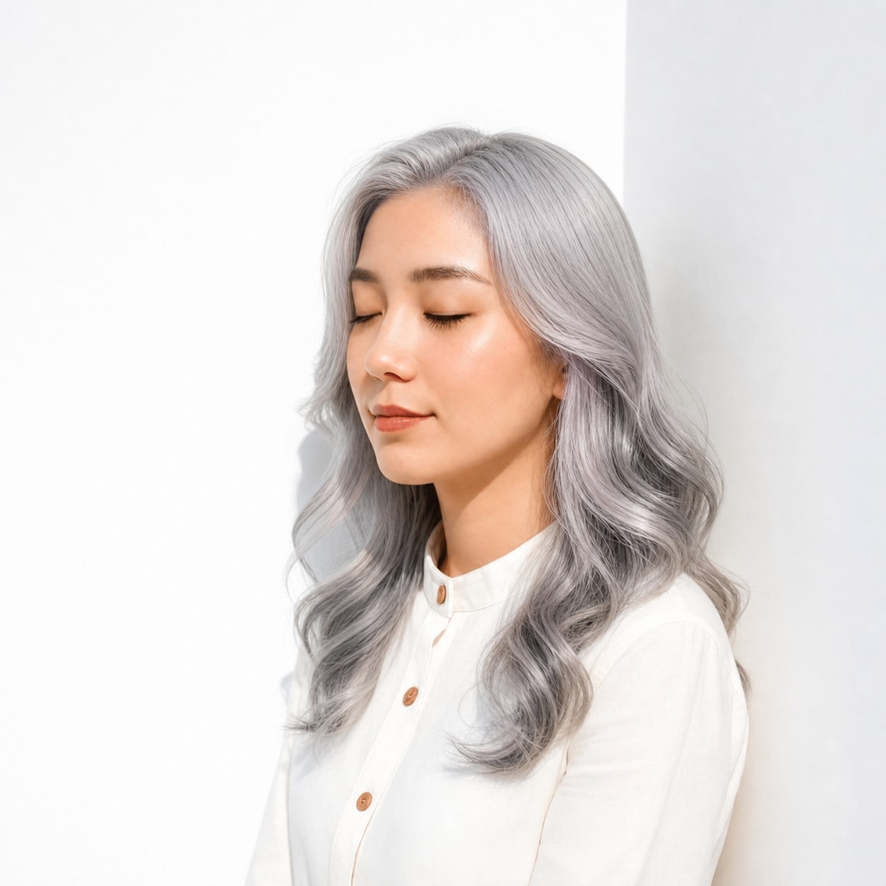 1. シルバーアッシュ×ウェーブロング: 白っぽい発色でヘアスタイルが軽い印象になる