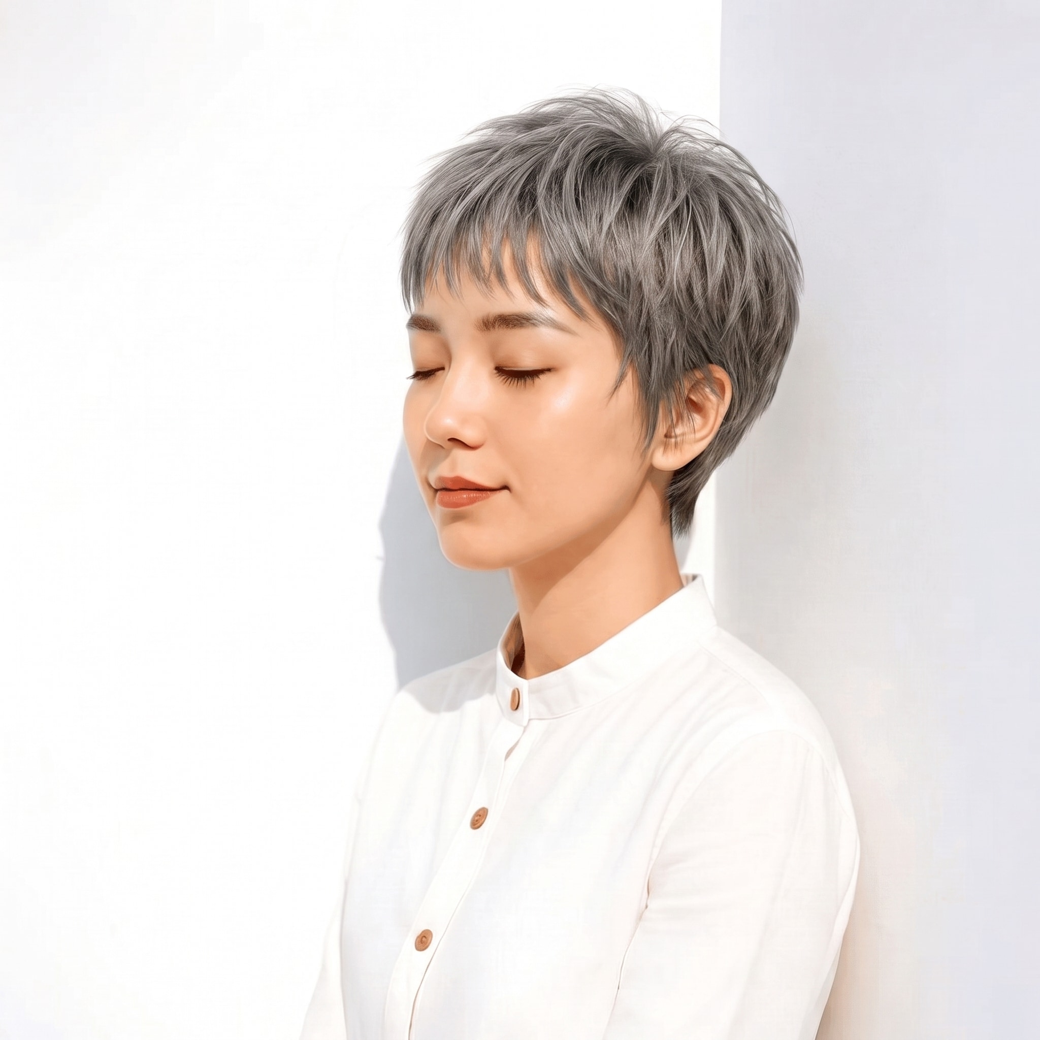 1. シルバーグレージュ×ショート: 白っぽいシルバーにベージュを重ねて柔らかくなる