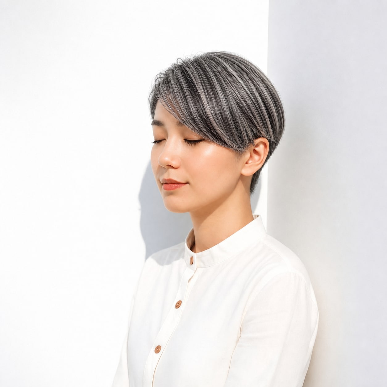 1. シルバーメッシュ×ショート: シルバーの細いラインで白髪となじみやすい