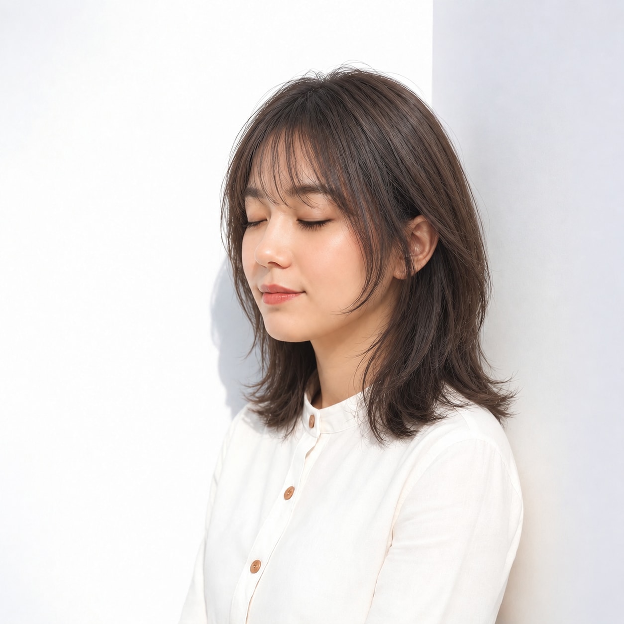1. シースルーバング × ダークブラウンミディアム：細い束で額を軽やかに見せる