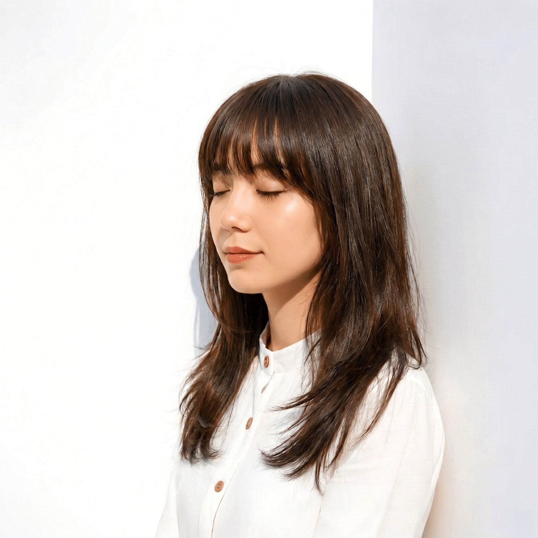 1. ダークグレージュ×ミディアムロング: ゆるいレイヤーで動きをプラス