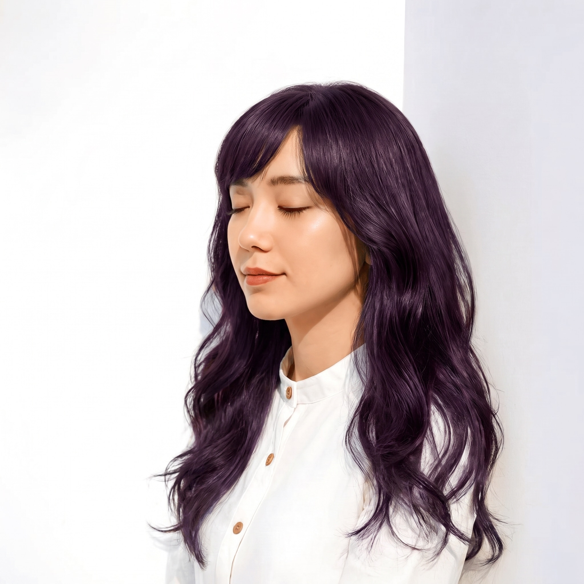 1. ダークバイオレット×ブリーチなし×ウェーブロング: 深い寒色が暗髪ロングに落ち着く