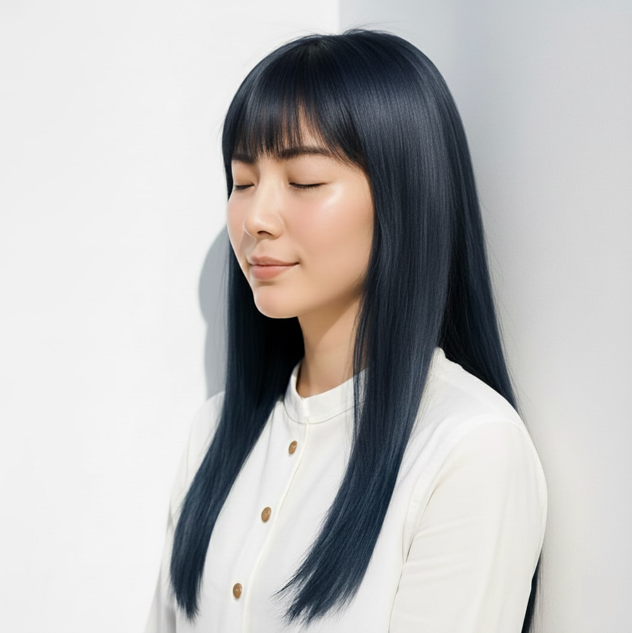 1. ネイビーブルー×ストレートロング：深みのある青で凛とした透明感をまとう