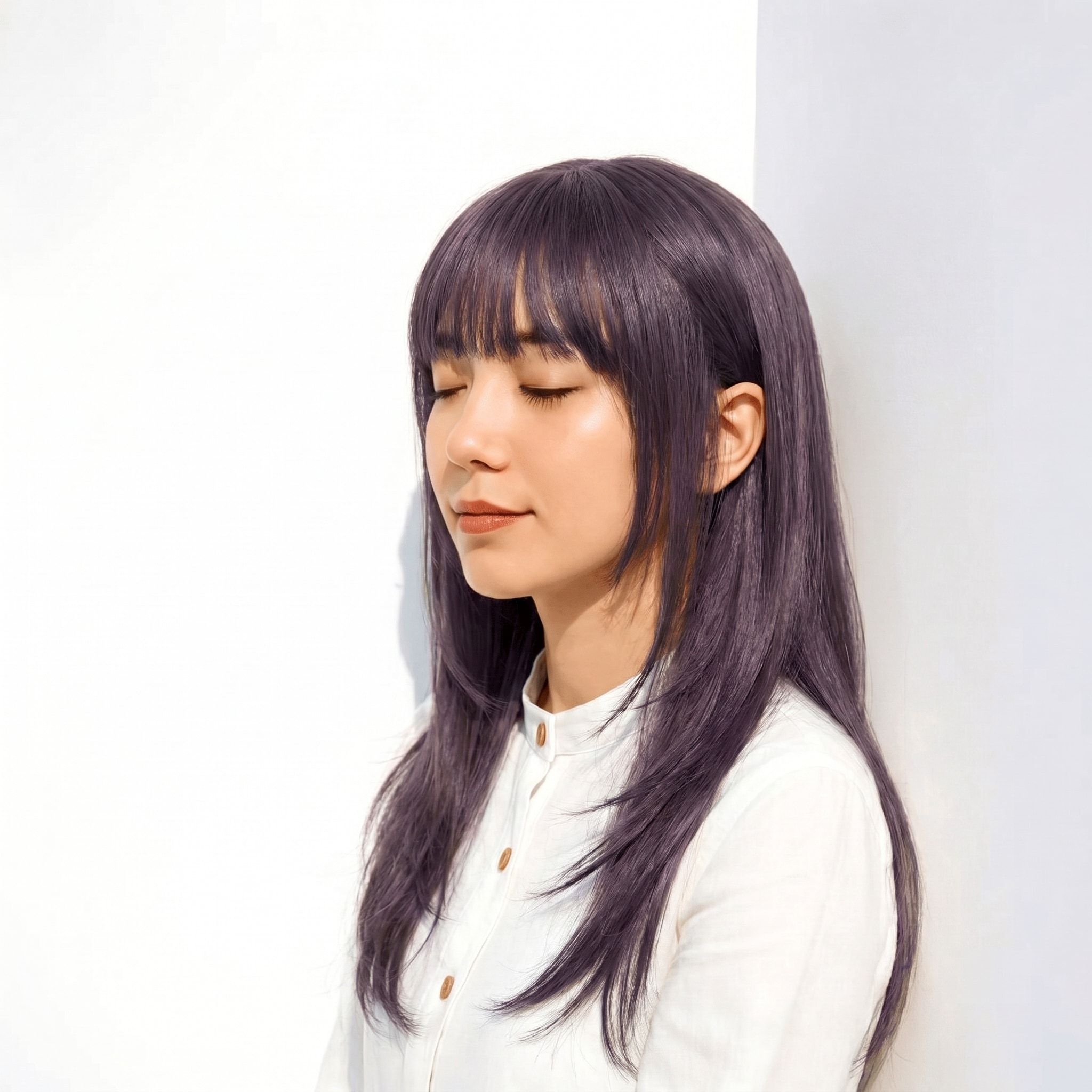 1. パープルグレー×ミディアムロング: 軽やかなレイヤーでクールな印象に