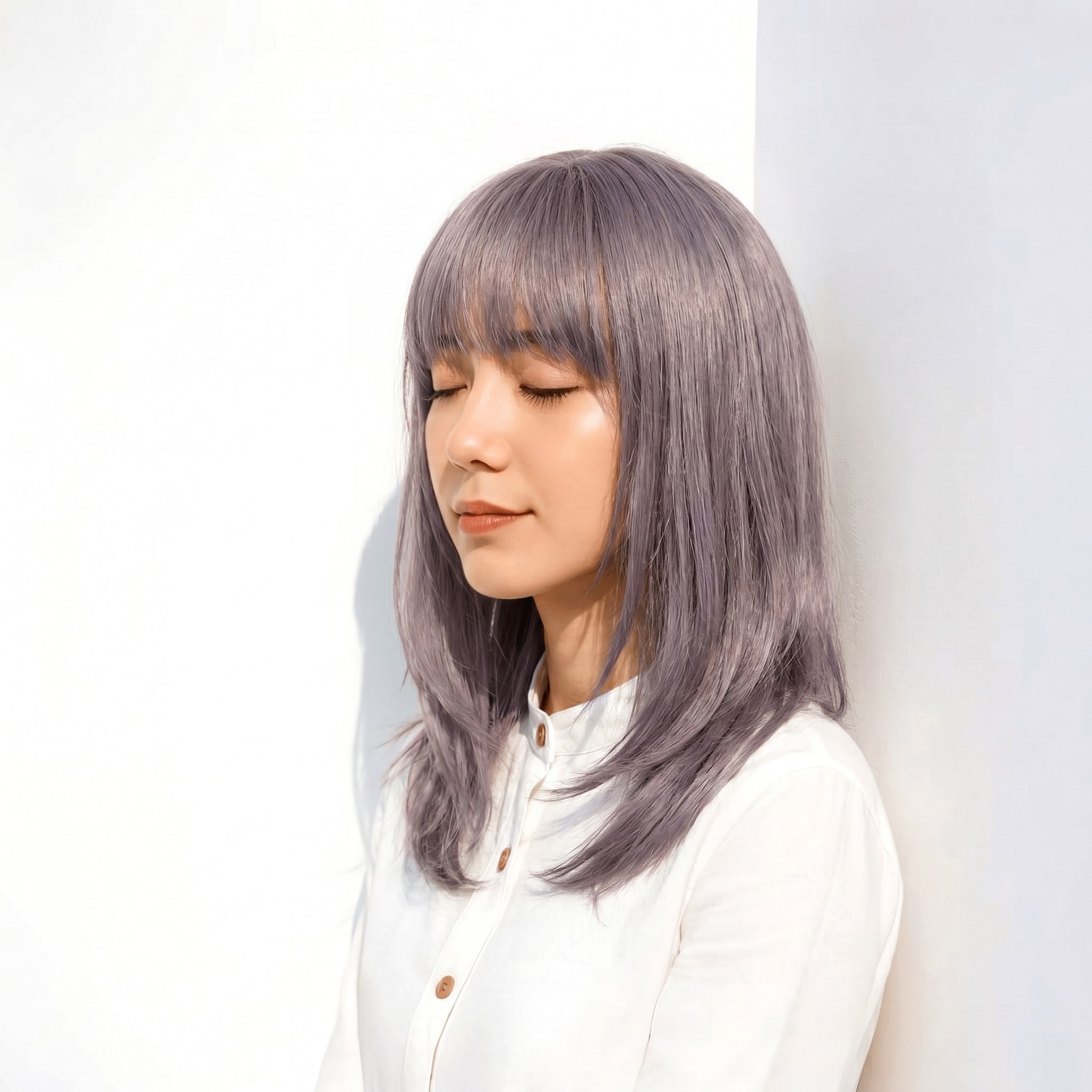 1. パープルシルバー×ミディアムストレート: 青み紫とグレーの艶で透明感を高める