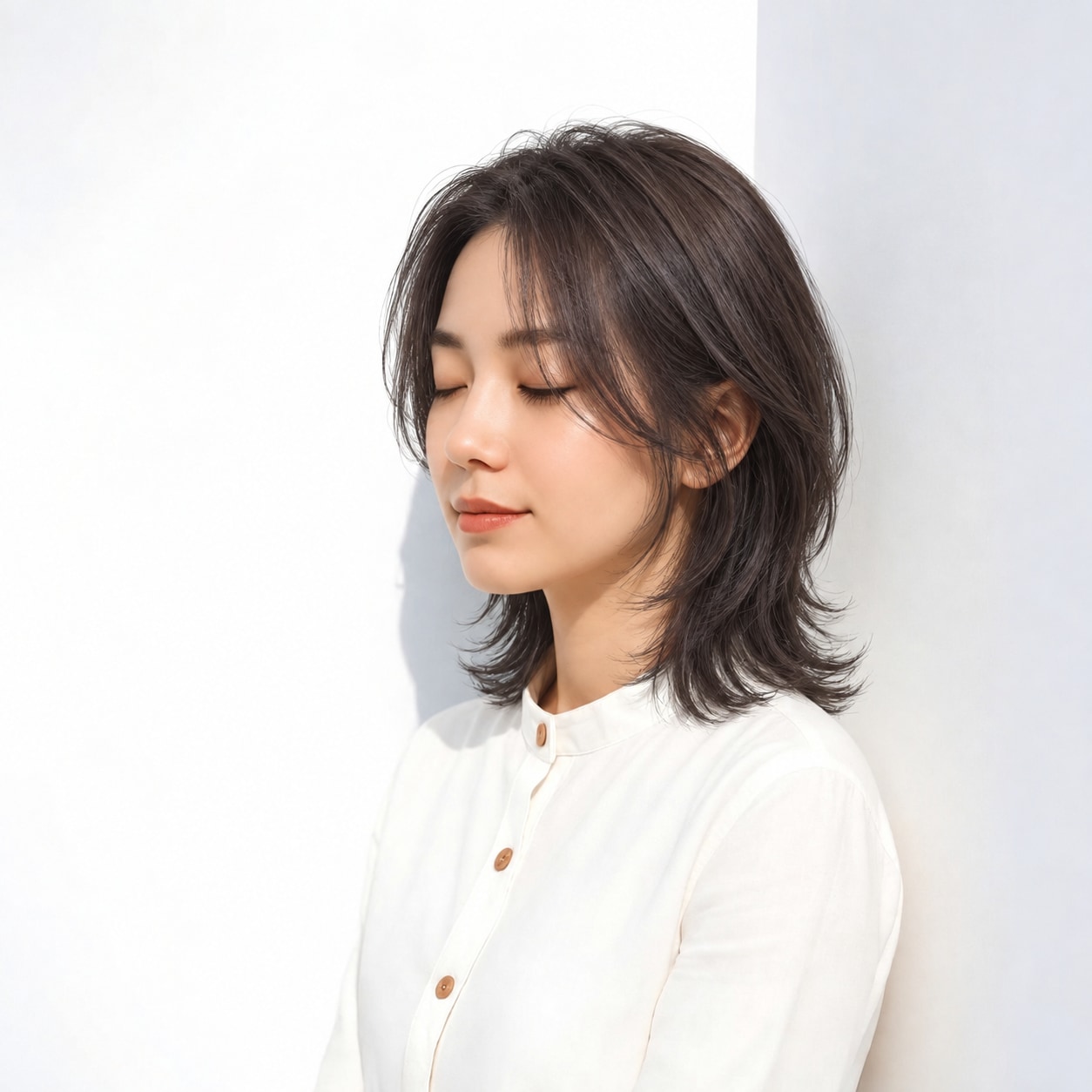 1. ハッシュカット × ミディアム × 外ハネ：首元に縦の抜けができ、ウルフらしい輪郭がはっきりします
