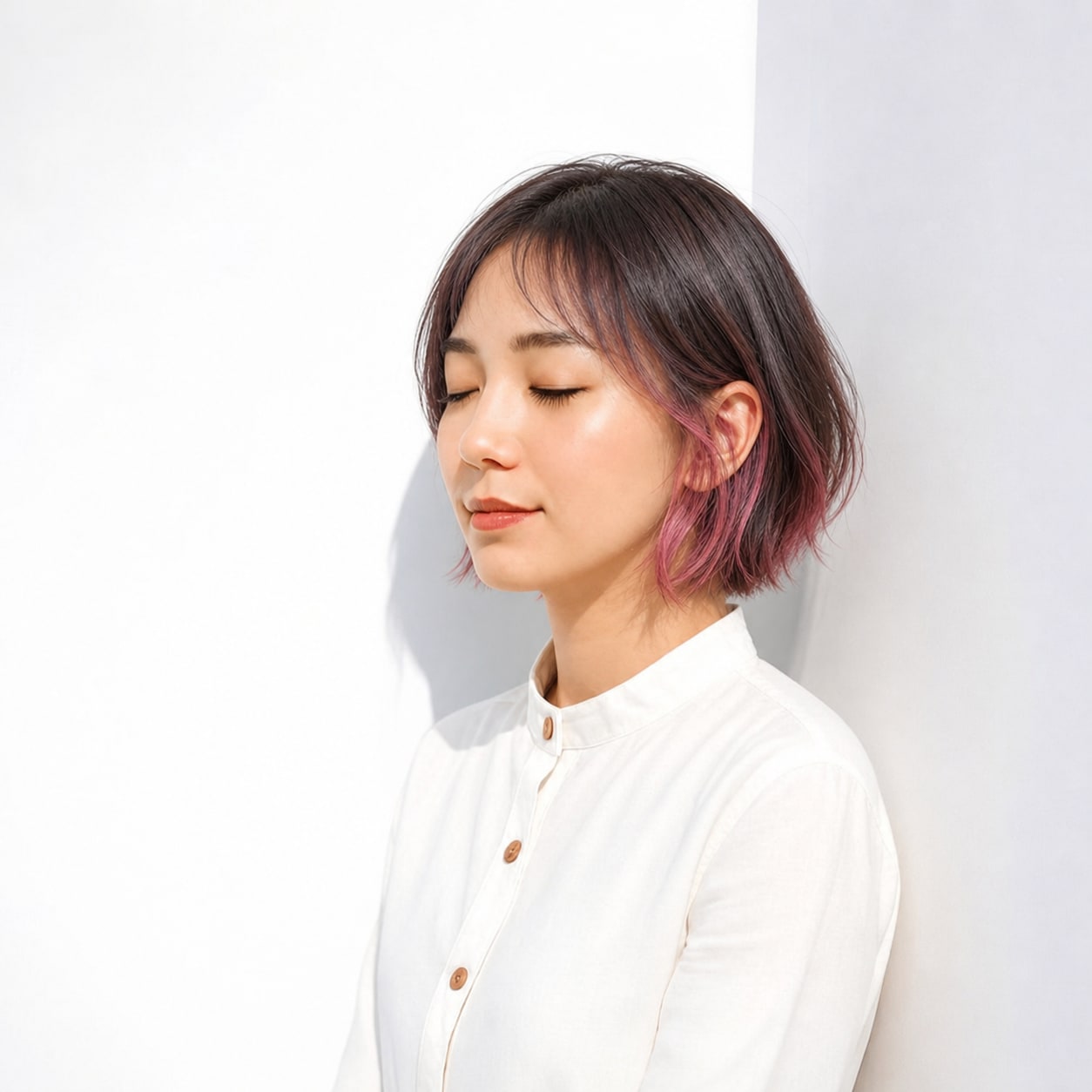 1. ピンクハイライト×ボブ: ラベンダーピンクのラインで毛先が柔らかい印象になる