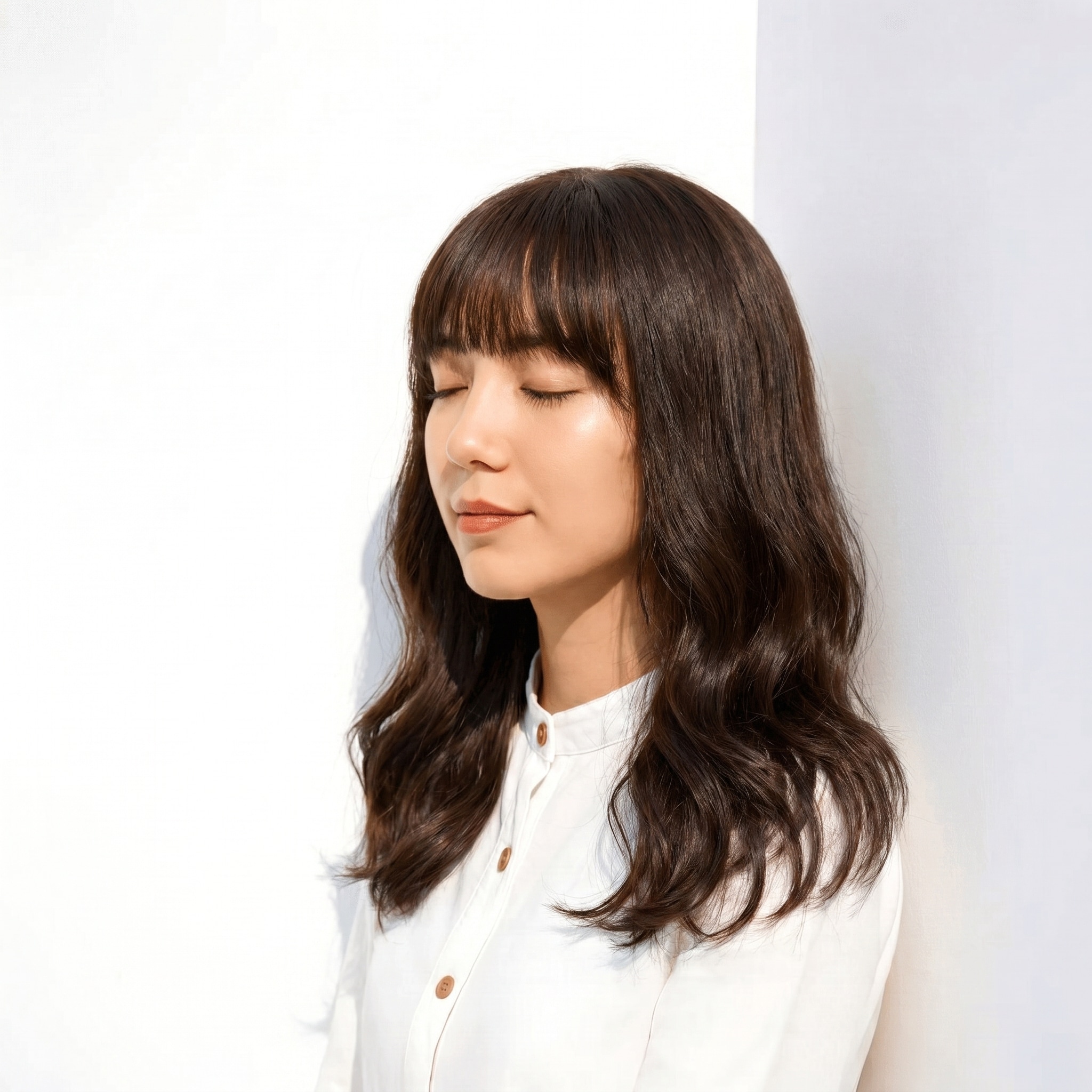 1. ブリーチなしグレージュ×ダークトーン: ゆるいウェーブで立体感を演出する髪色